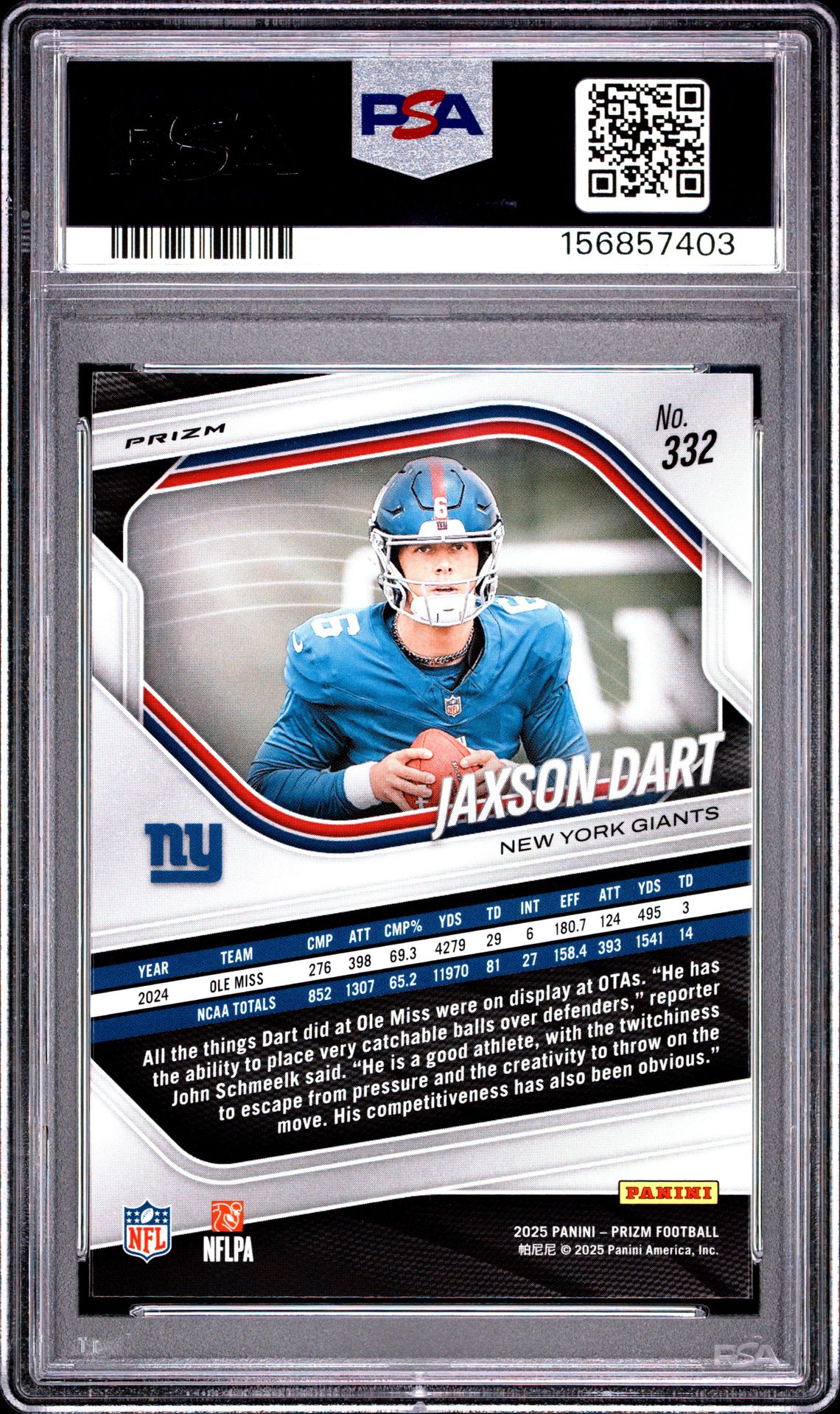 2025 Panini Prizm Jaxson Dart #332 (Lazer Prizm) Gem Mt 10 back view - PSA certificate #156857403