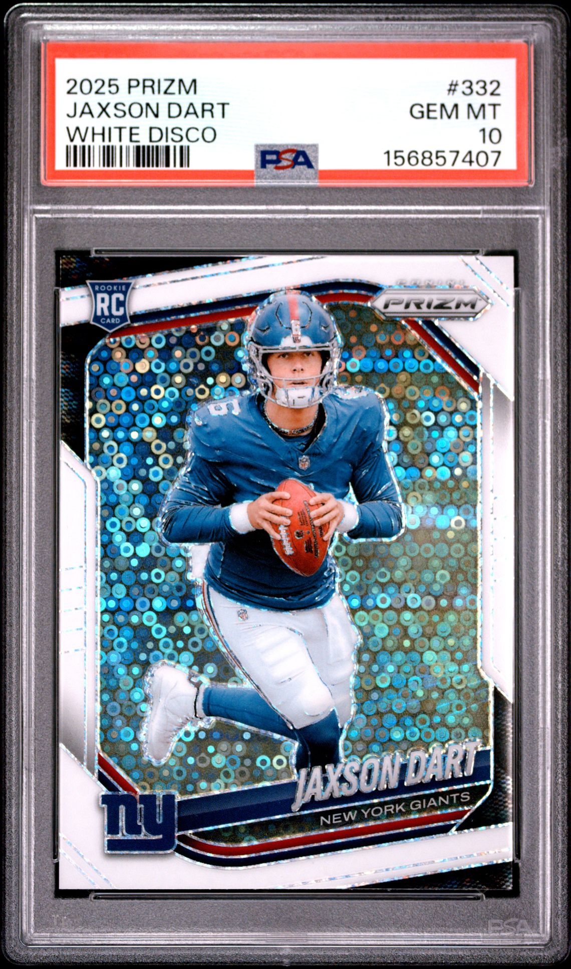 2025 Panini Prizm Jaxson Dart #332 (White Disco) Gem Mt 10 front view - PSA graded GEM MT 10