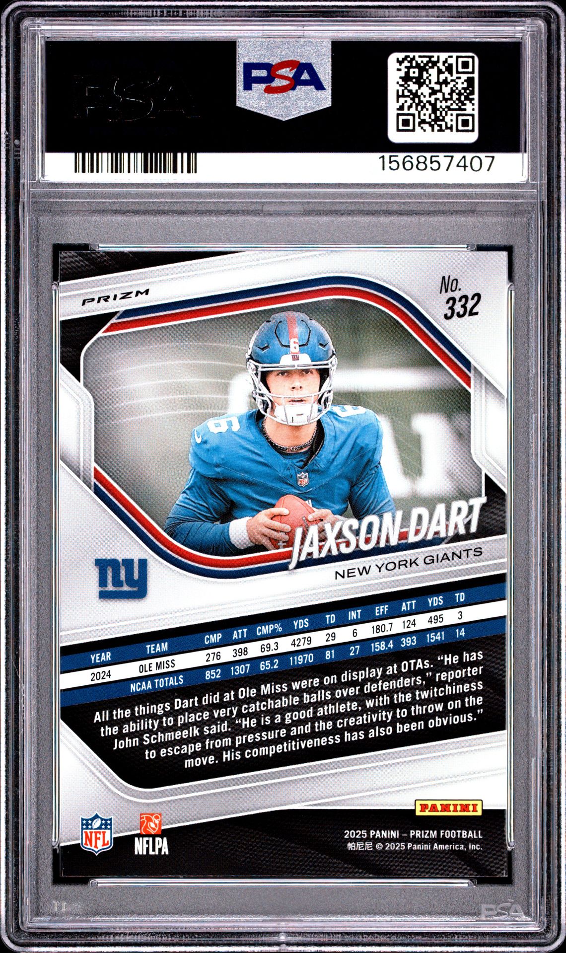 2025 Panini Prizm Jaxson Dart #332 (White Disco) Gem Mt 10 back view - PSA certificate #156857407