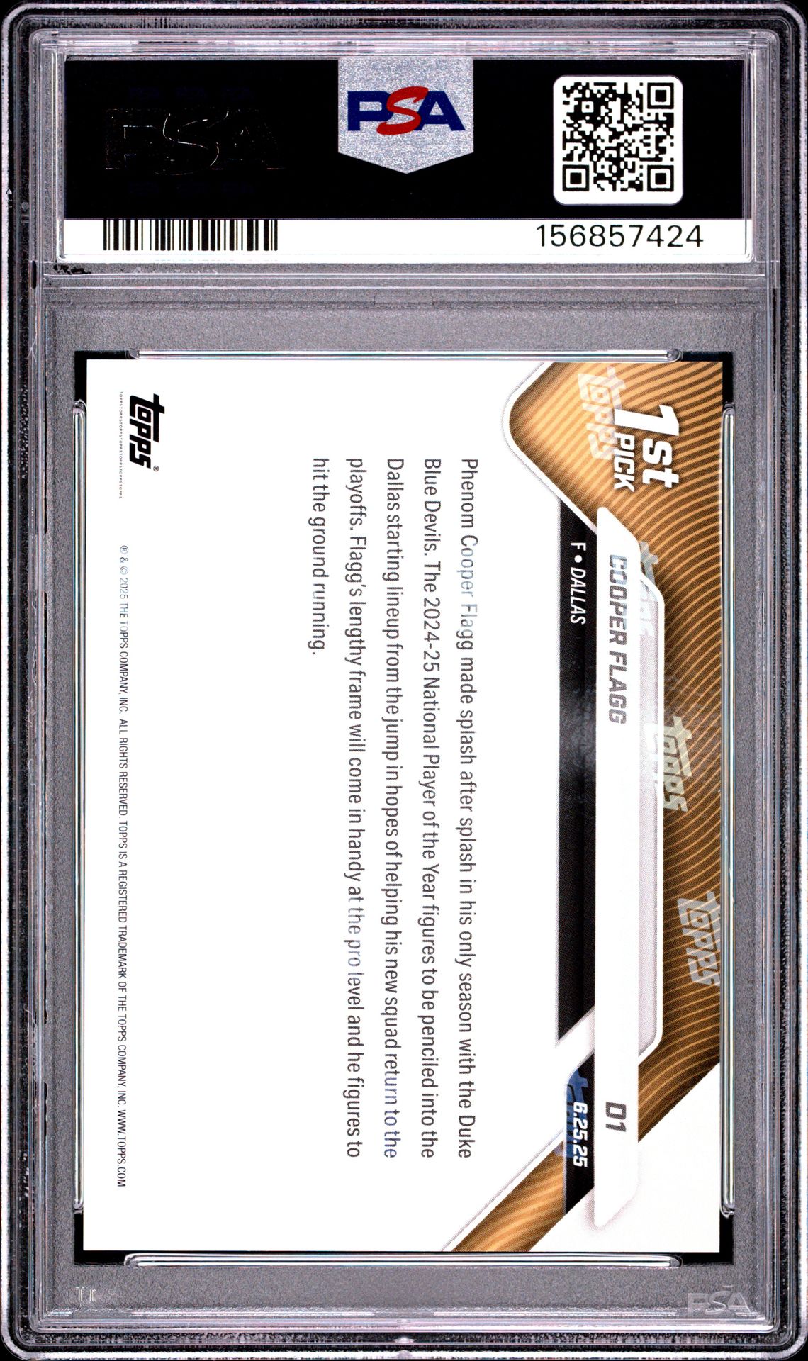 2025 TOPPS NOW DRAFT COOPER FLAGG  D1 GEM MT 10 back