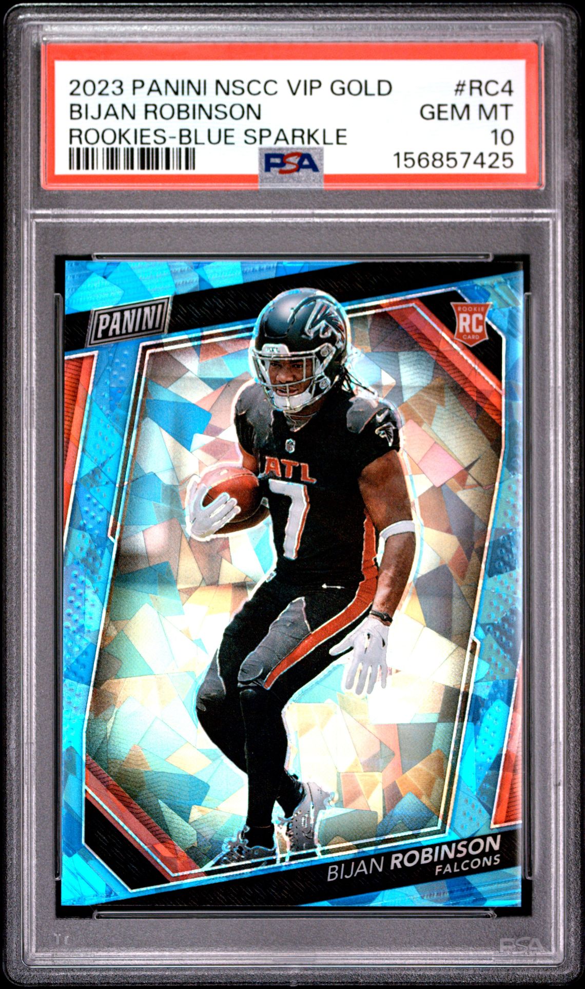 2023 Panini National Vip Gold Rookies Bijan Robinson #Rc4 (Rookies-Blue Sparkle) Gem Mt 10 front view - PSA graded GEM MT 10