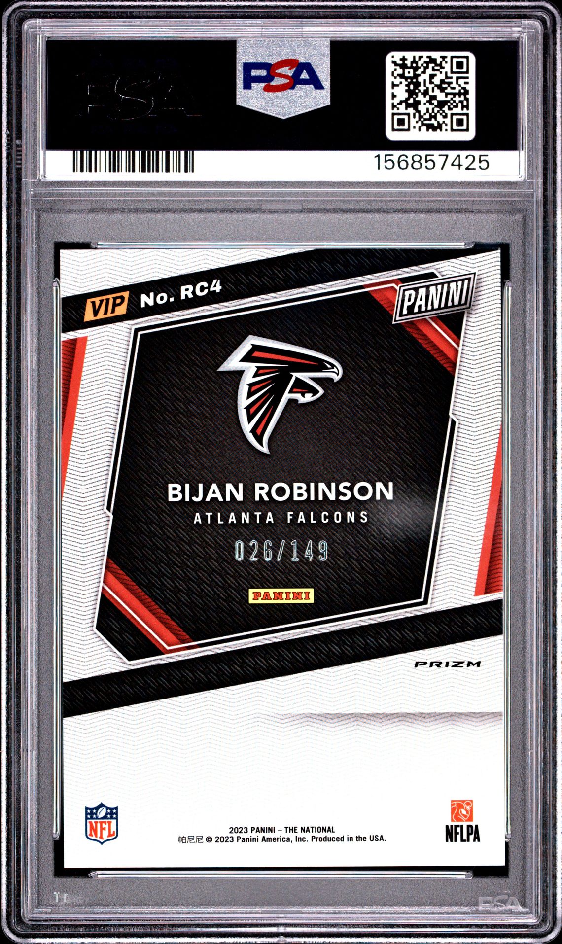 2023 Panini National Vip Gold Rookies Bijan Robinson #Rc4 (Rookies-Blue Sparkle) Gem Mt 10 back view - PSA certificate #156857425