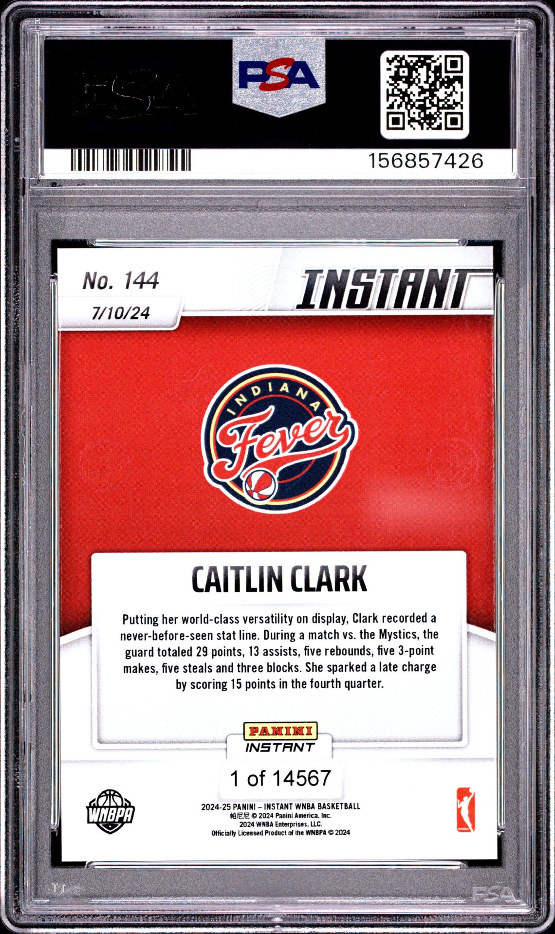 2024 Panini Instant Wnba Caitlin Clark #144 Gem Mt 10 back view - PSA certificate #156857426