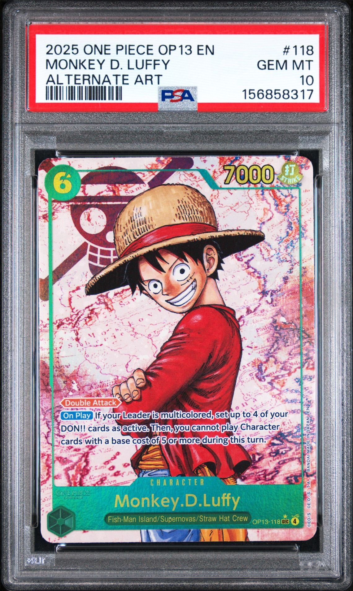 2025 One Piece Op13-Carrying On His Will Monkey D. Luffy #118 (Alternate Art) Gem Mt 10 front view - PSA graded GEM MT 10