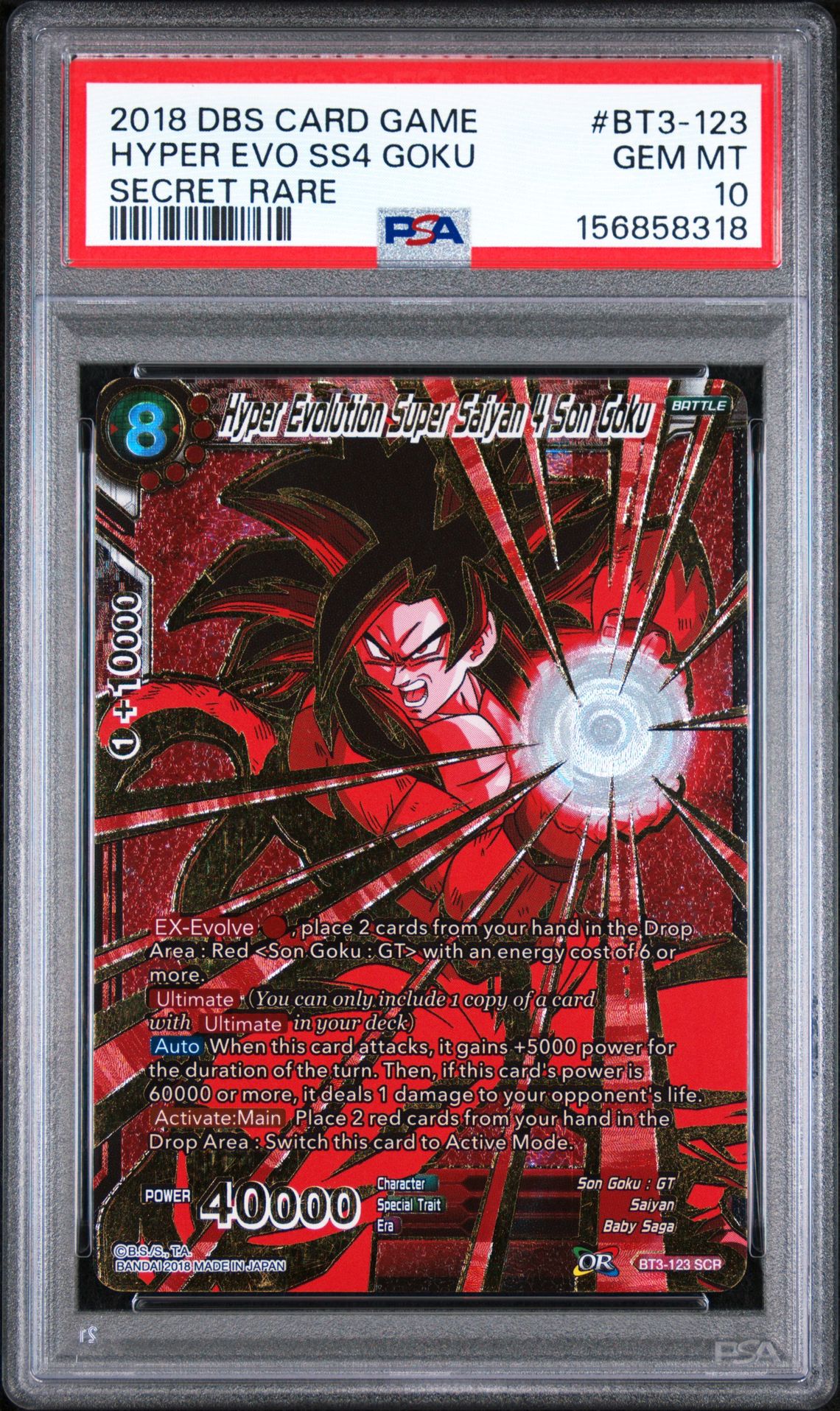 2018 Dragon Ball Super Card Game Series 3 Cross Worlds Hyper Evo Ss4 Goku #Bt3-123 (Secret Rare) Gem Mt 10 front view - PSA graded GEM MT 10
