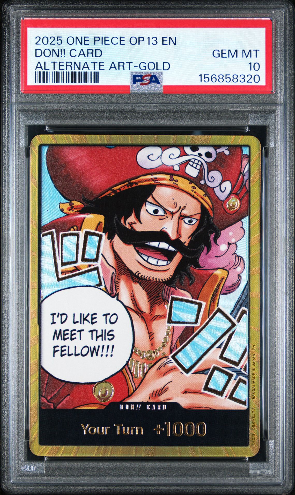 2025 One Piece Op13-Carrying On His Will Don!! Card (Alternate Art-Gold) Gem Mt 10 front view - PSA graded GEM MT 10