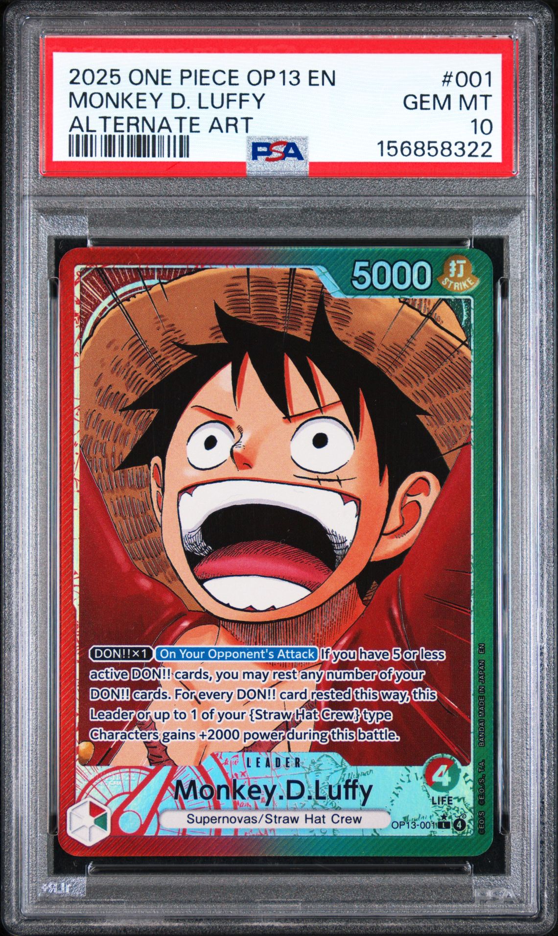 2025 One Piece Op13-Carrying On His Will Monkey D. Luffy #001 (Alternate Art) Gem Mt 10 front