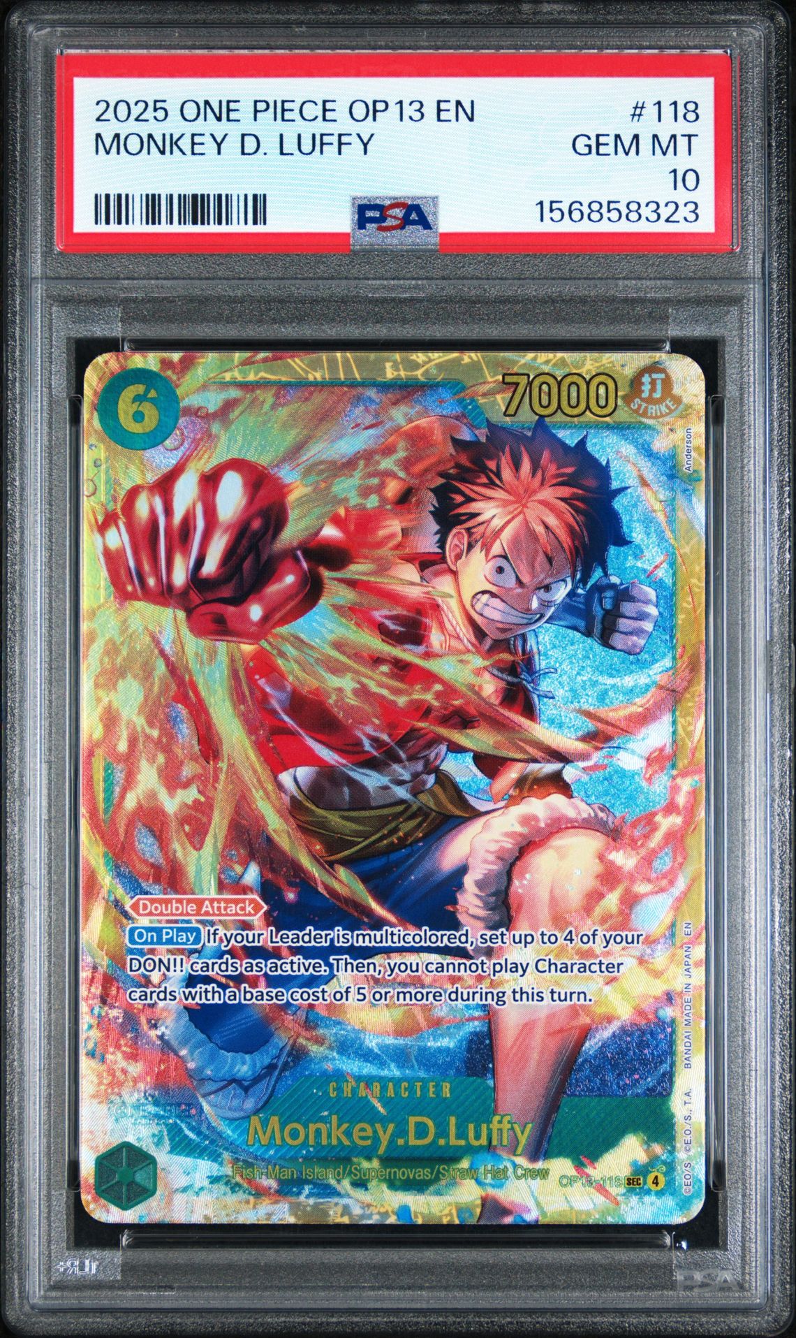2025 One Piece Op13-Carrying On His Will Monkey D. Luffy #118 Gem Mt 10 front view - PSA graded GEM MT 10