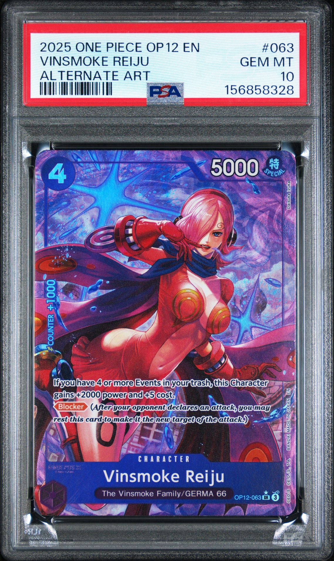 2025 One Piece Op12-Legacy Of The Master Vinsmoke Reiju #063 (Alternate Art) Gem Mt 10 front view - PSA graded GEM MT 10