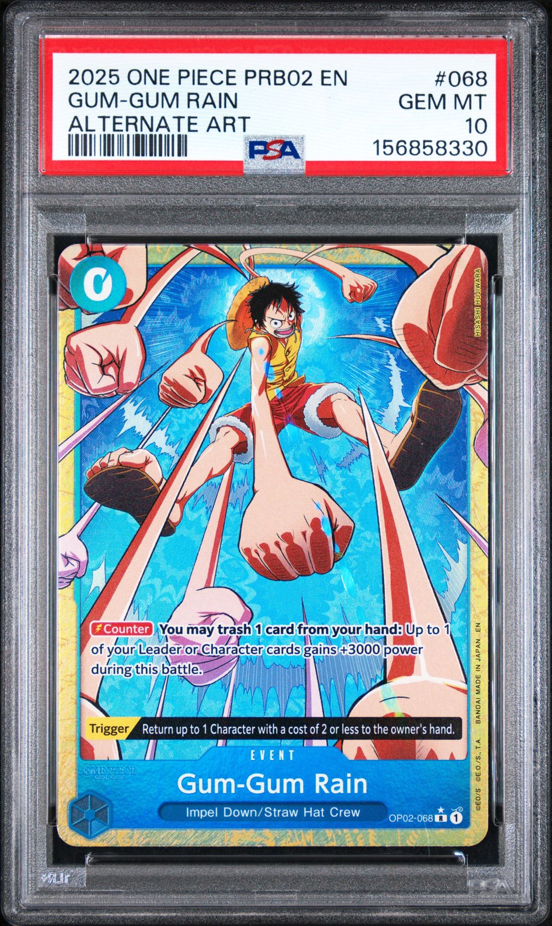 2025 One Piece Prb02-Premium Booster -One Piece Card The Best- Vol.2 Gum-Gum Rain #068 (Alternate Art) Gem Mt 10 front view - PSA graded GEM MT 10