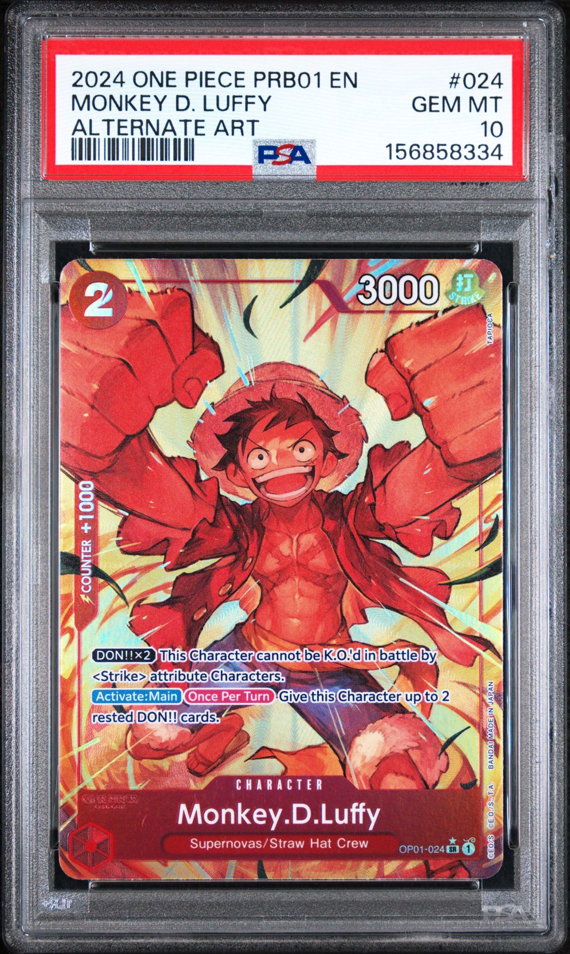 2024 One Piece Prb01-Premium Booster -One Piece Card The Best- Monkey D. Luffy #024 (Alternate Art) Gem Mt 10 front view - PSA graded GEM MT 10