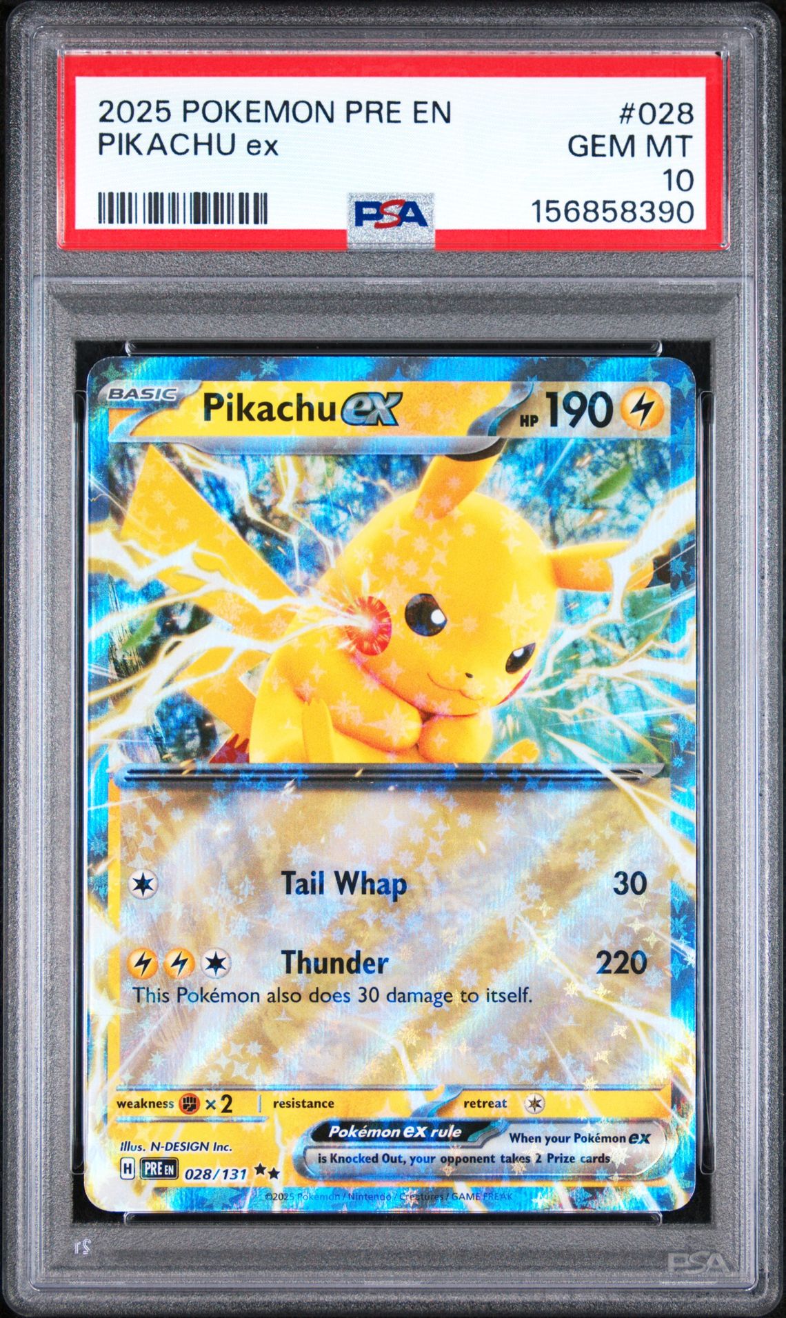 2025 Pokemon Pre En-Prismatic Evolutions Pikachu Ex #028 Gem Mt 10 front view - PSA graded GEM MT 10