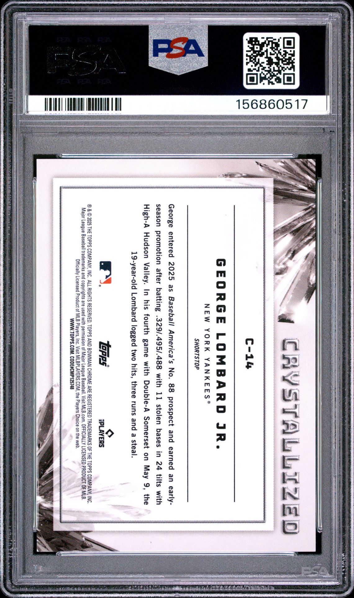 2025 Bowman Draft Crystallized George Lombard Jr. #C-14 Gem Mt 10 back view - PSA certificate #156860517