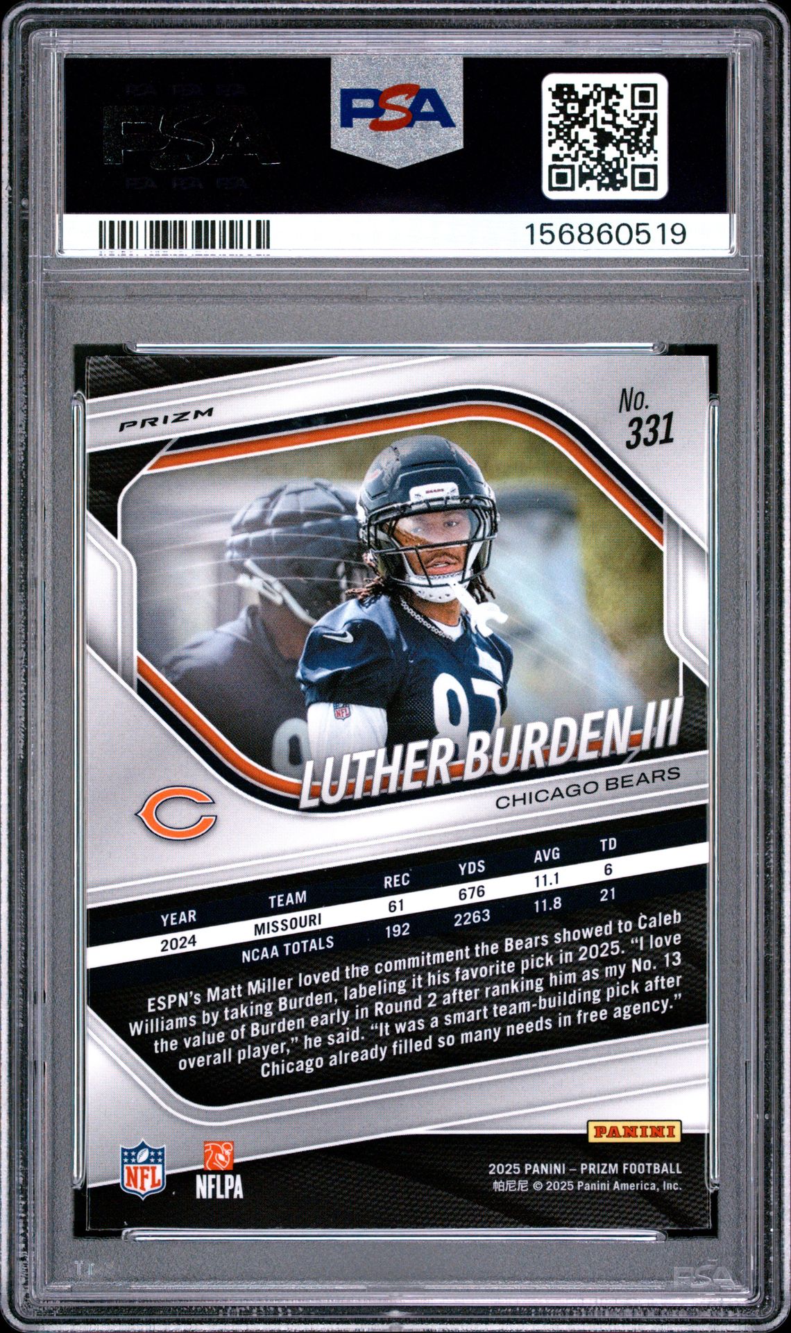 2025 Panini Prizm Luther Burden Iii #331 (Silver Prizm) Mint 9 back