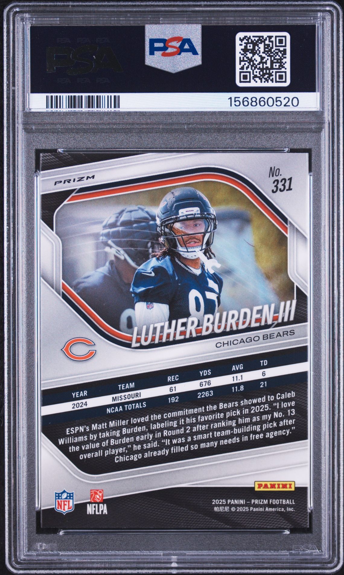 2025 Panini Prizm Luther Burden Iii #331 (Lazer Prizm) Gem Mt 10 back view - PSA certificate #156860520