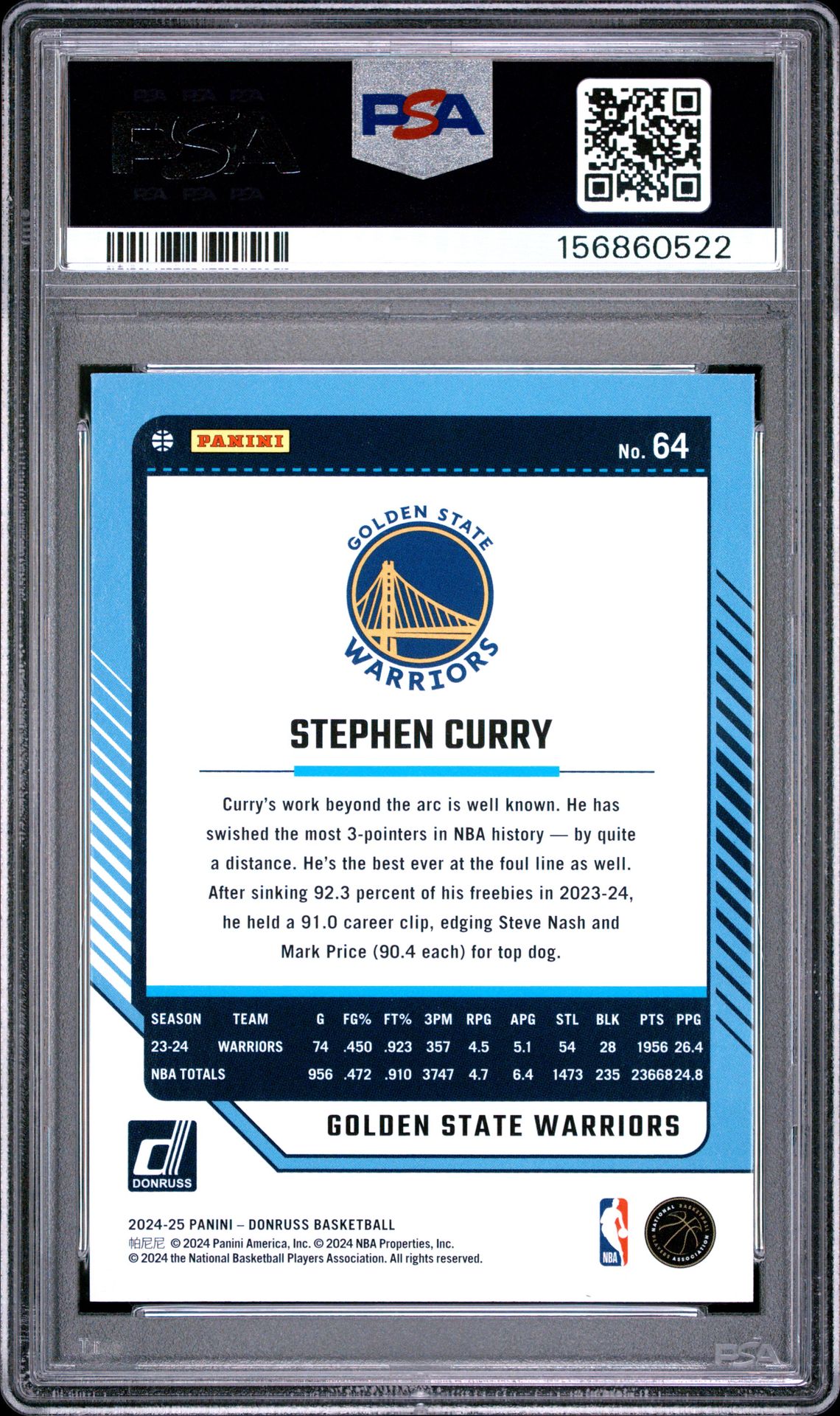 2024 Panini Donruss Stephen Curry #64 Gem Mt 10 back view - PSA certificate #156860522