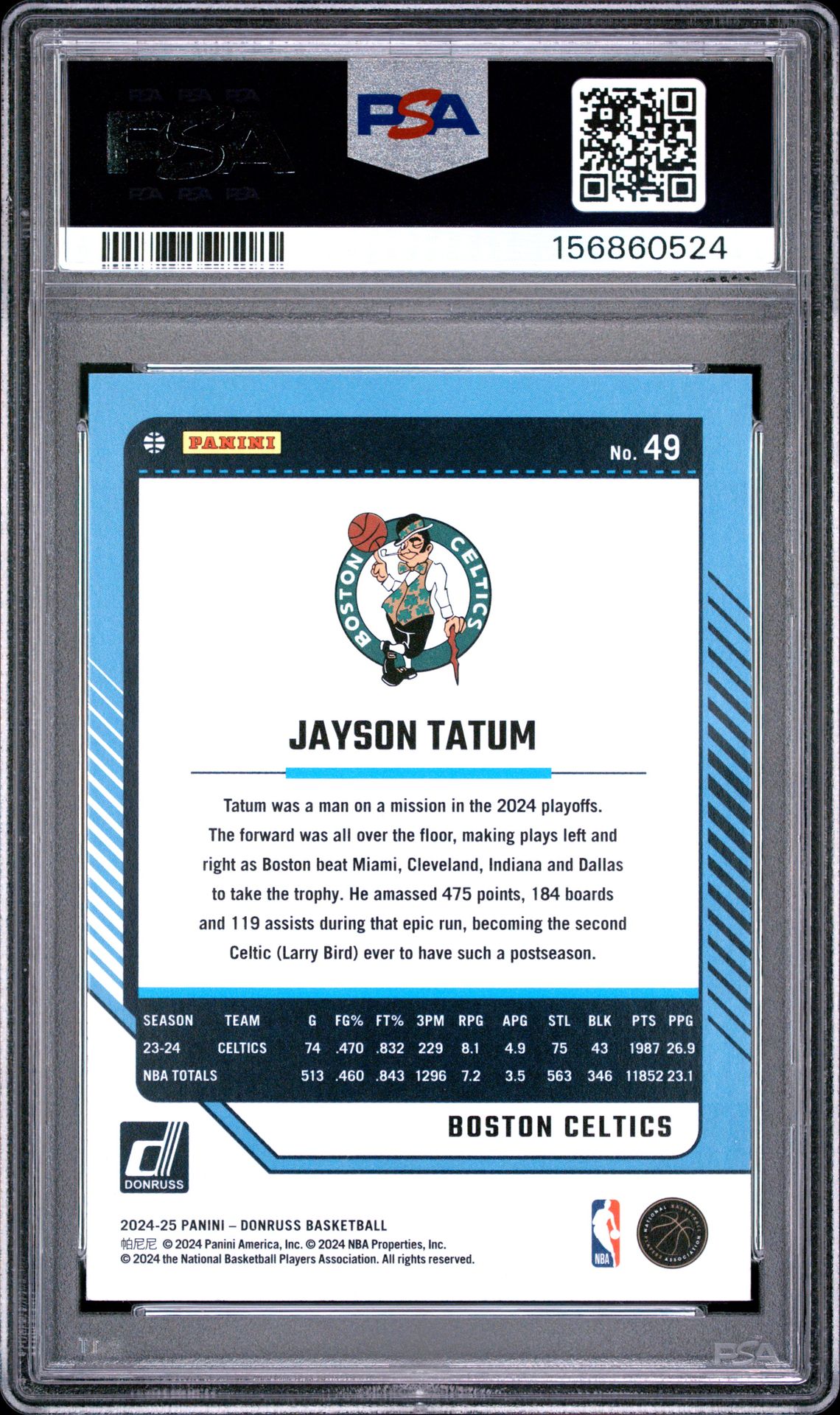 2024 Panini Donruss Jayson Tatum #49 (Holo Green Laser) Gem Mt 10 back view - PSA certificate #156860524