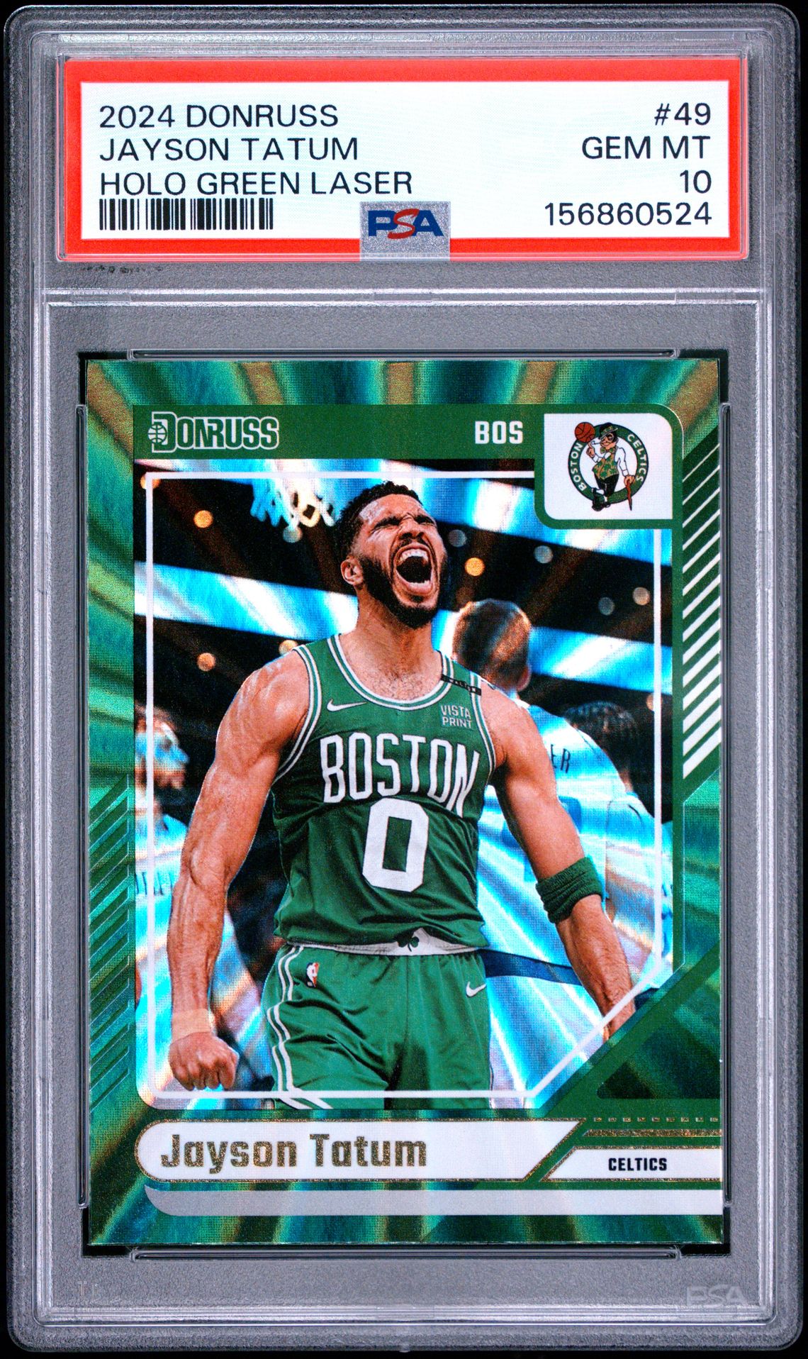 2024 Panini Donruss Jayson Tatum #49 (Holo Green Laser) Gem Mt 10 front view - PSA graded GEM MT 10