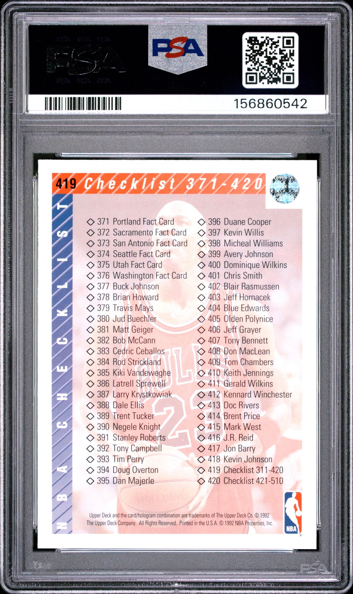 1992 Upper Deck Checklist 311-420 #419 (Michael Jordan) Mint 9 back