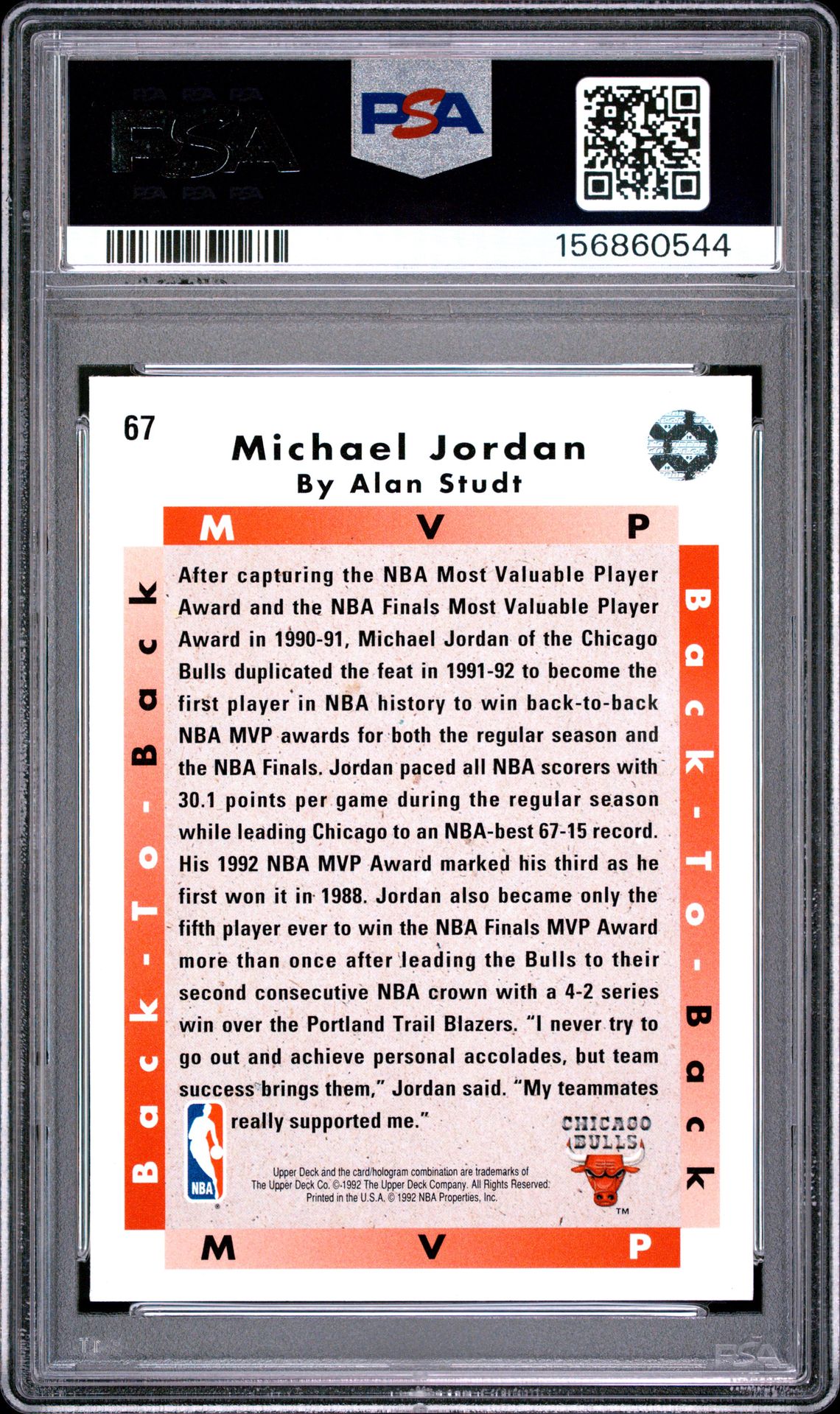 1992 Upper Deck Michael Jordan #67 (Mvp) Nm-Mt 8 back