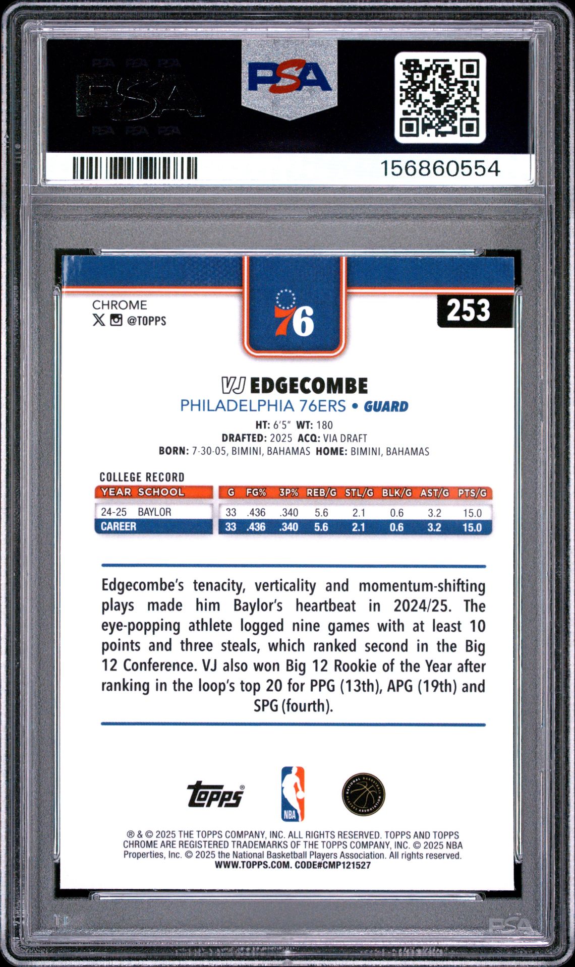 2025 Topps Chrome Vj Edgecombe #253 (Raywave) Gem Mt 10 back