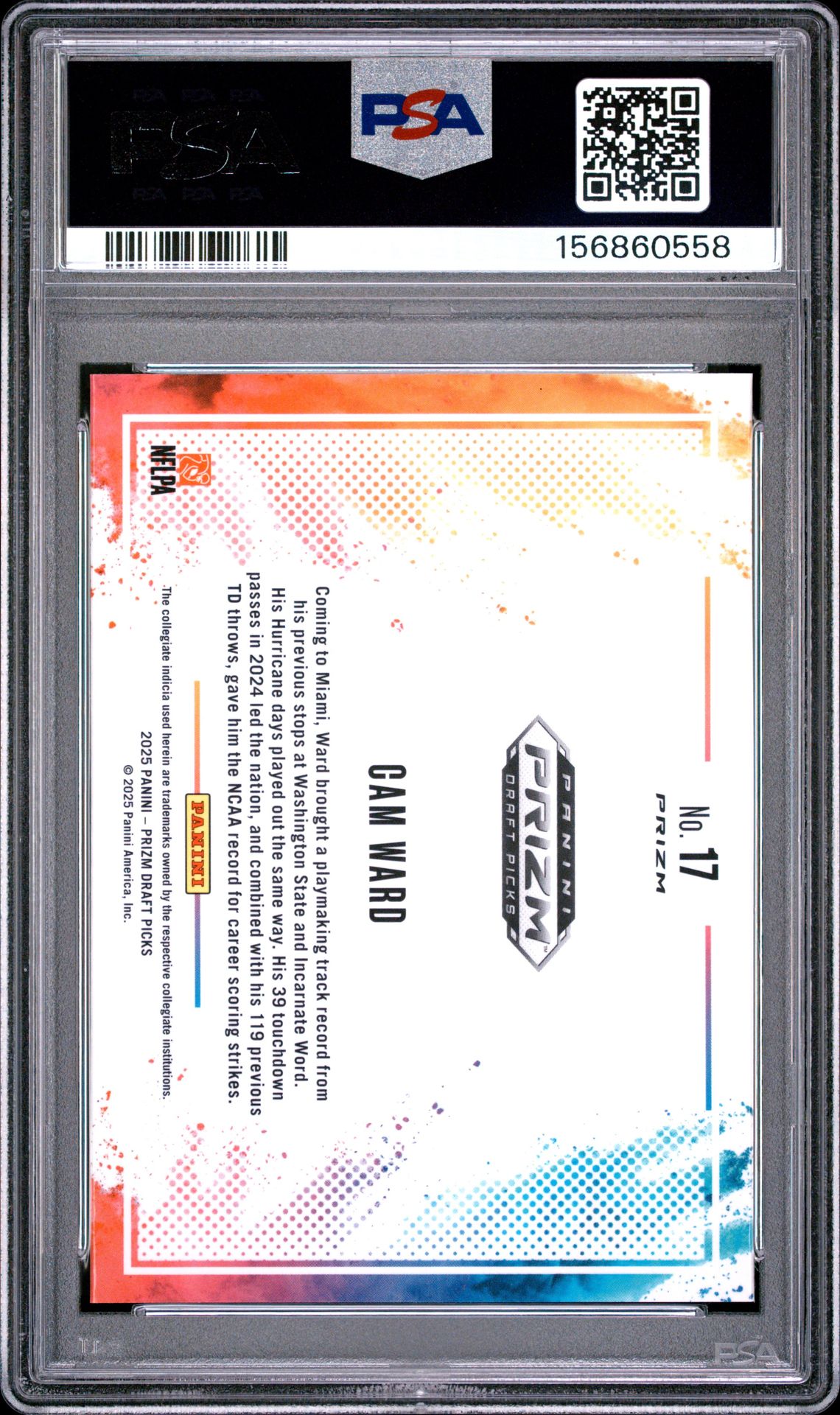 2025 Panini Prizm Draft Picks Black Color Blast Cam Ward #17 Gem Mt 10 back view - PSA certificate #156860558