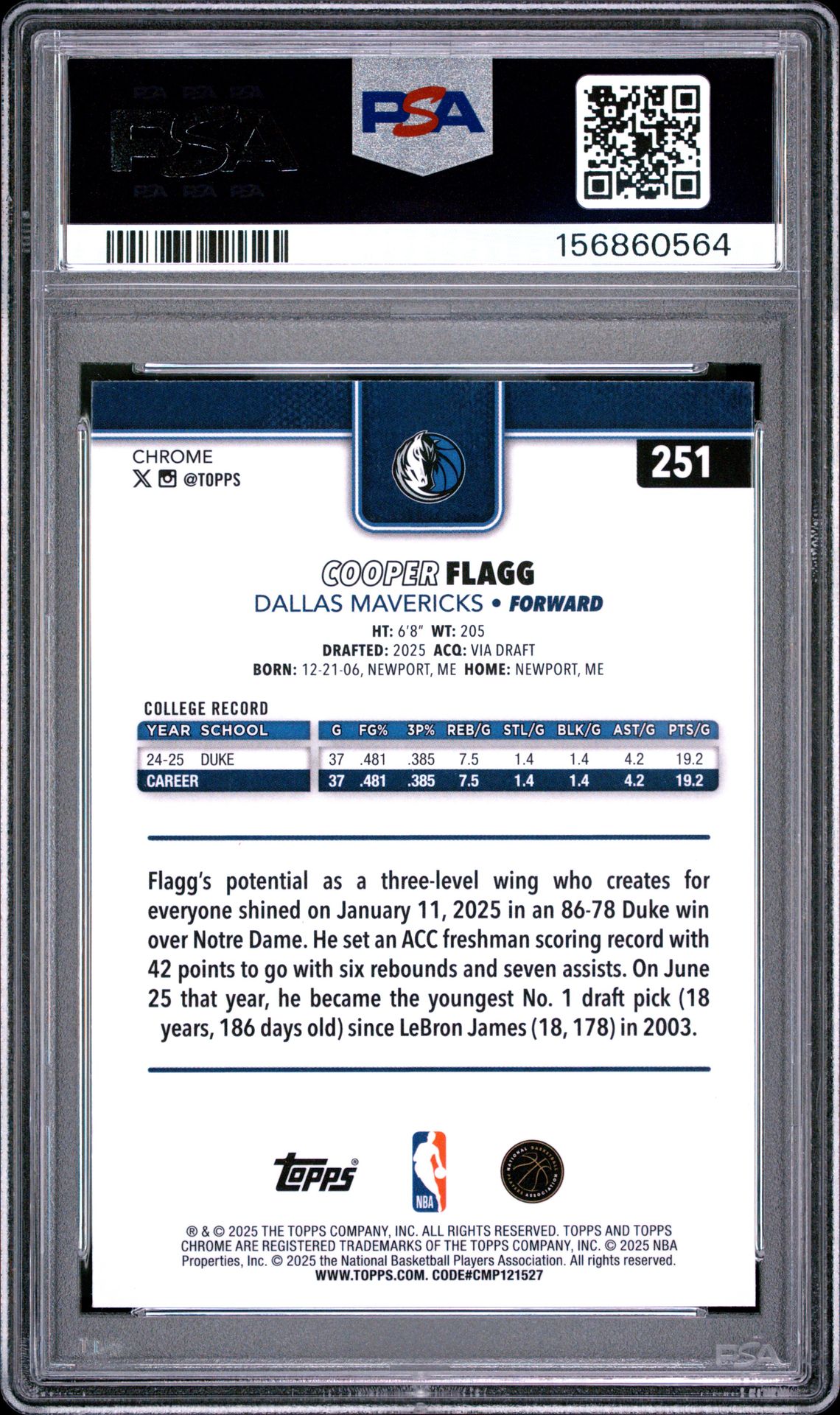 2025 Topps Chrome Cooper Flagg #251 Mint 9 back
