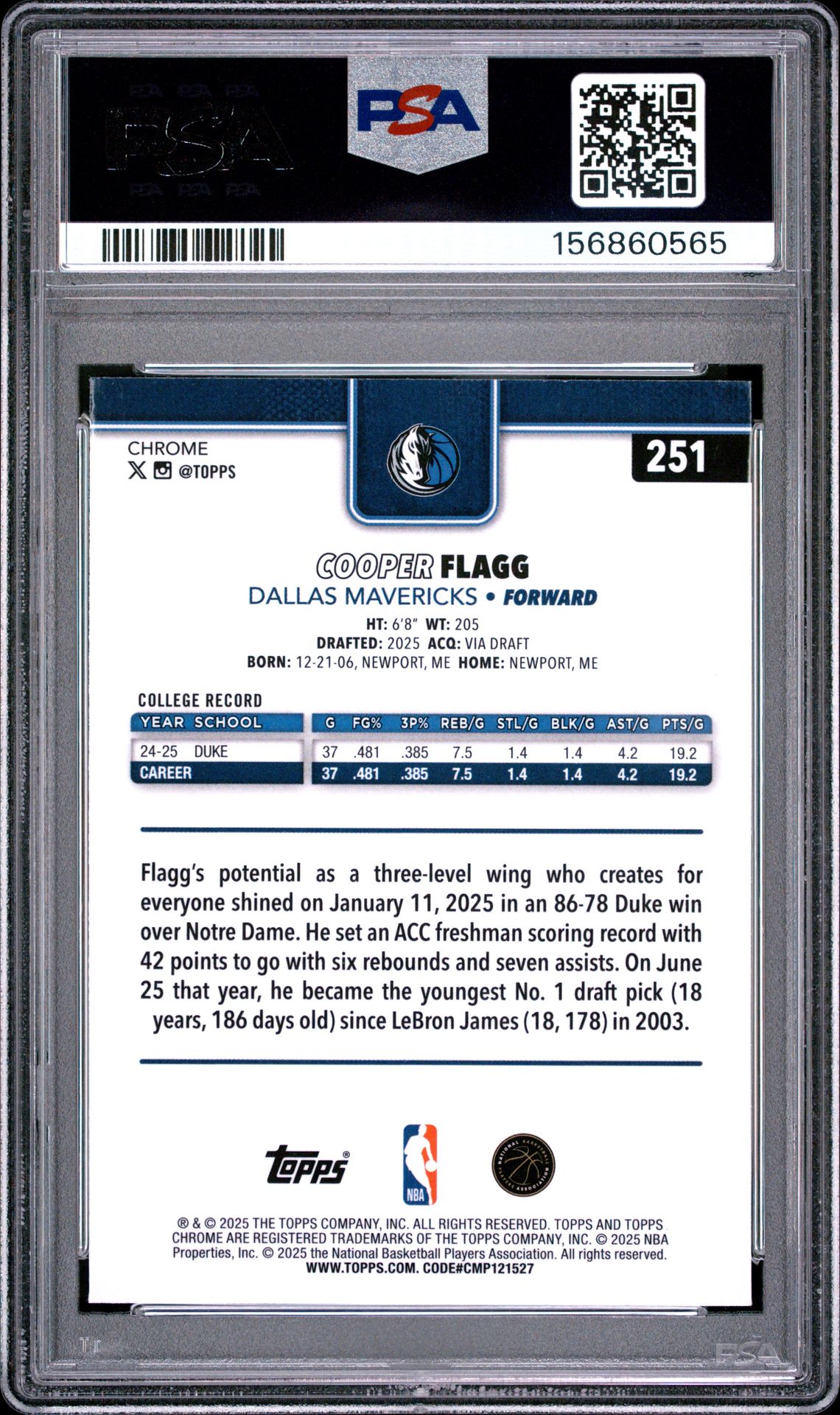 2025 Topps Chrome Cooper Flagg #251 Gem Mt 10 back