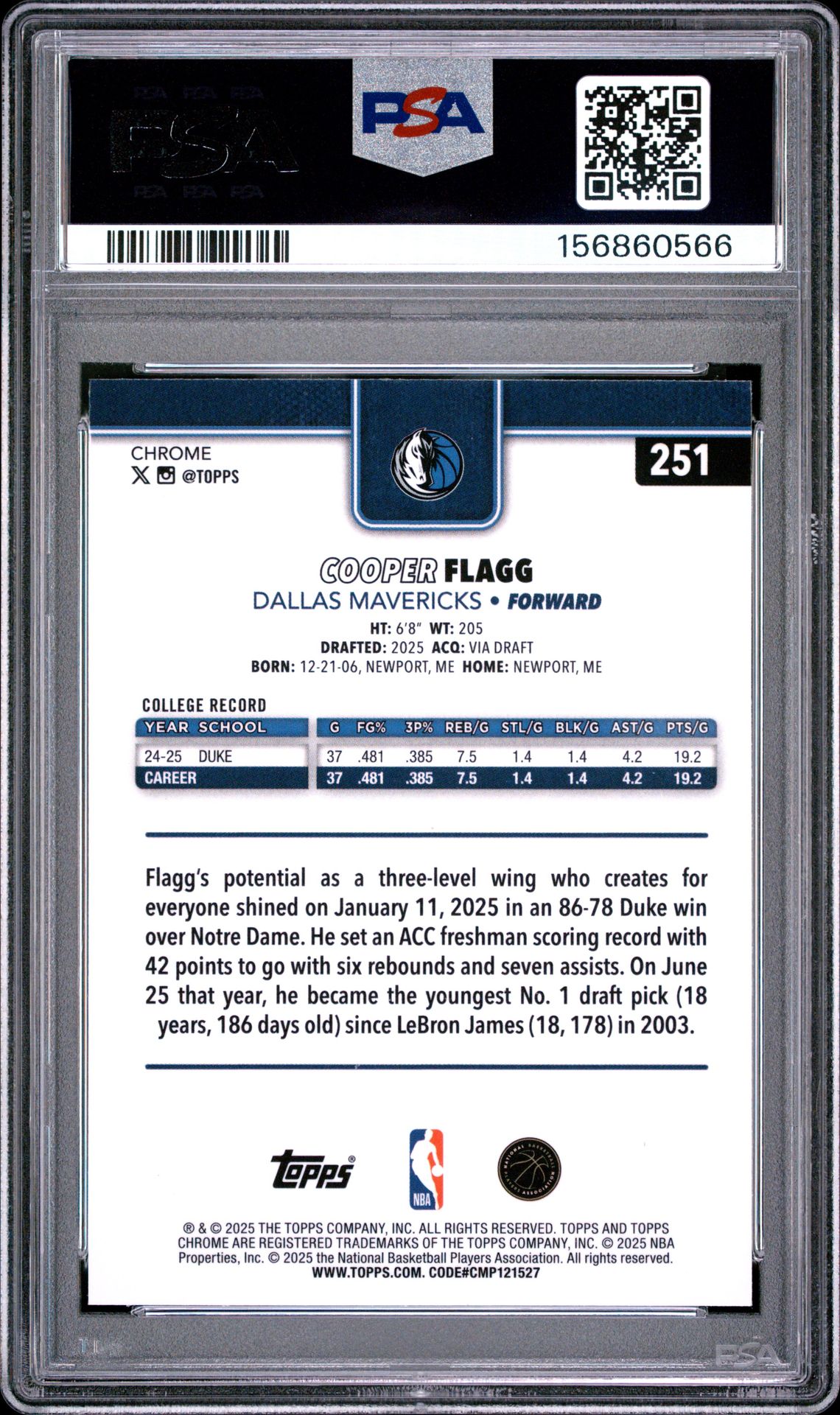 2025 Topps Chrome Cooper Flagg #251 Nm-Mt 8 back