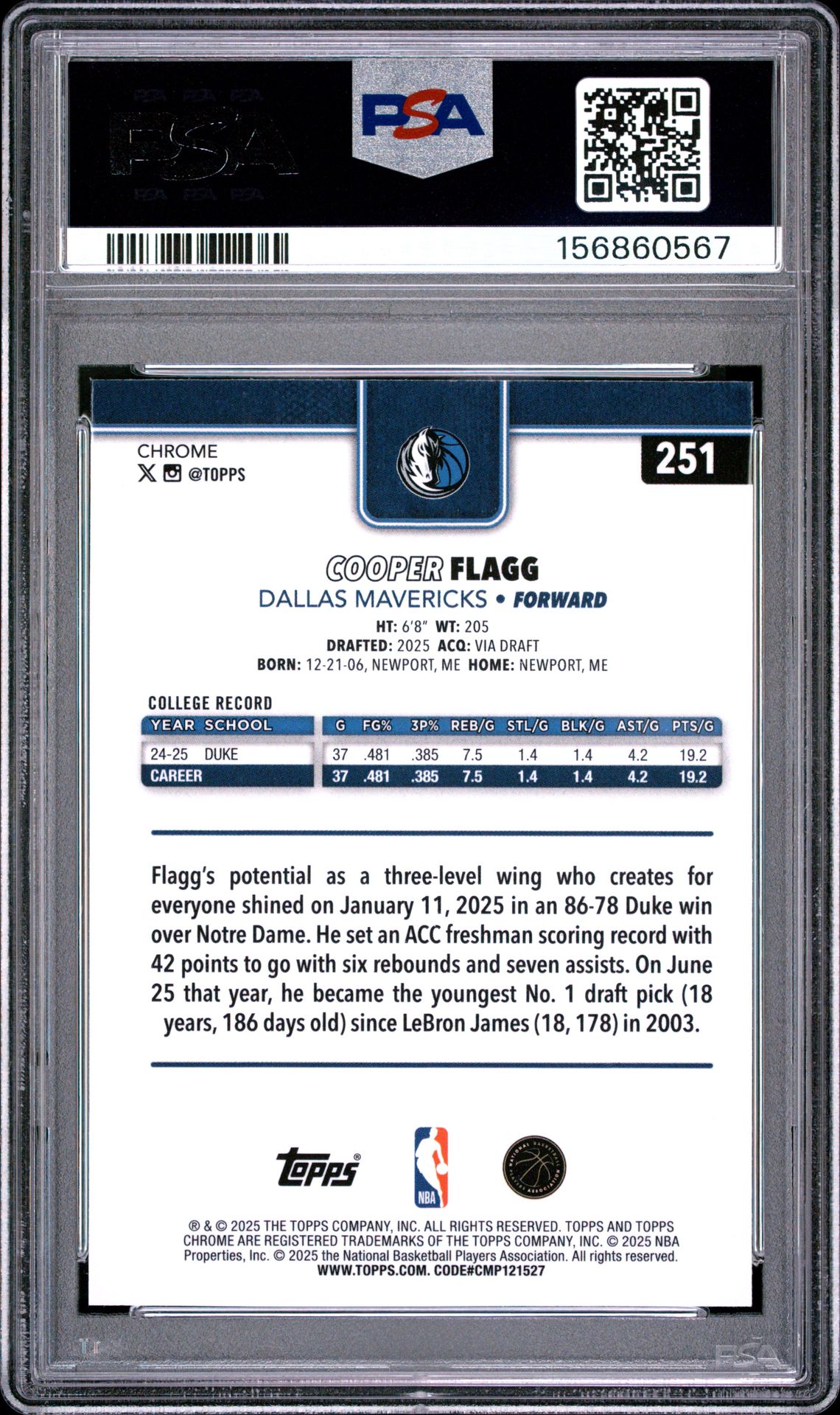 2025 Topps Chrome Cooper Flagg #251 Gem Mt 10 back