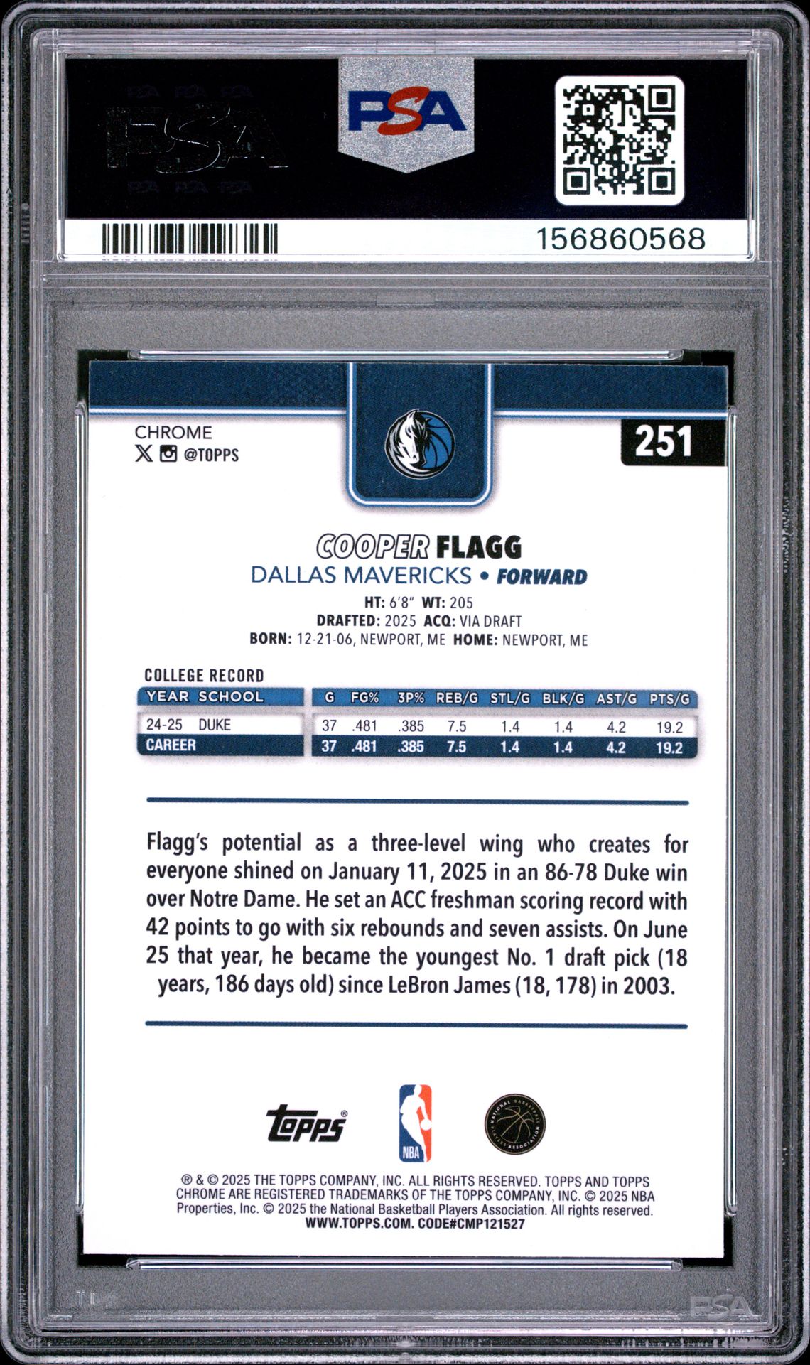 2025 Topps Chrome Cooper Flagg #251 Mint 9 back