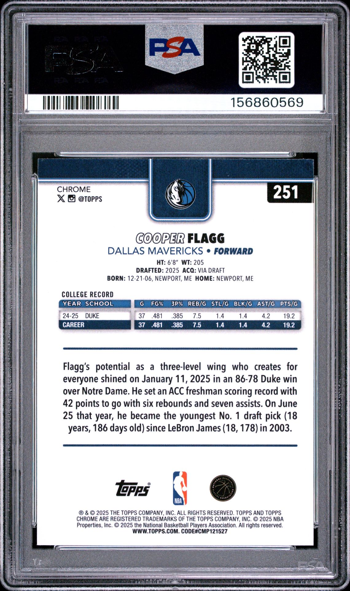 2025 Topps Chrome Cooper Flagg #251 Mint 9 back