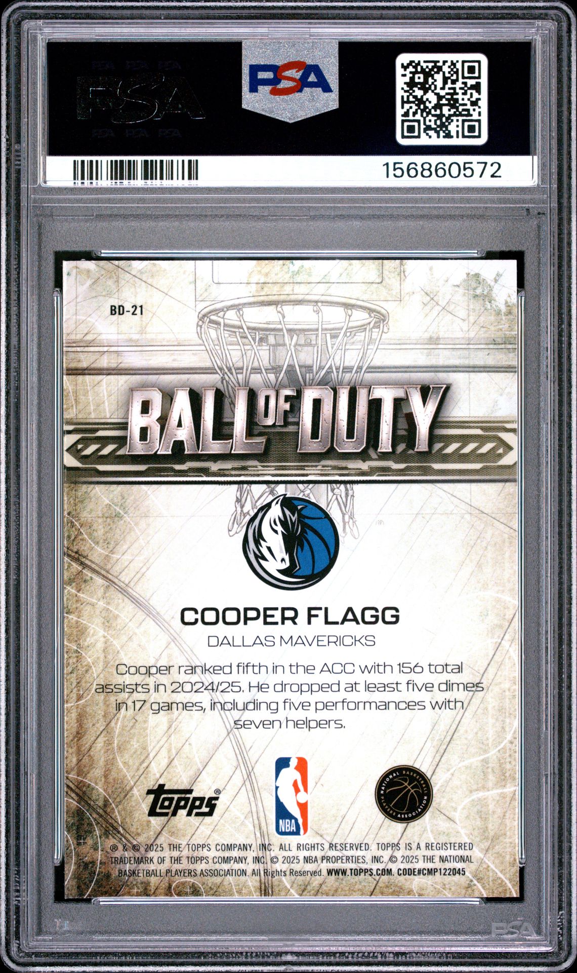 2025 Topps Chrome Ball Of Duty Cooper Flagg #Bd-21 Gem Mt 10 back view - PSA certificate #156860572