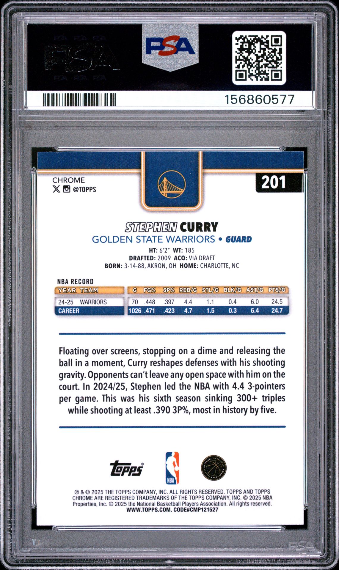 2025 Topps Chrome Stephen Curry #201 (X-Fractor) Mint 9 back