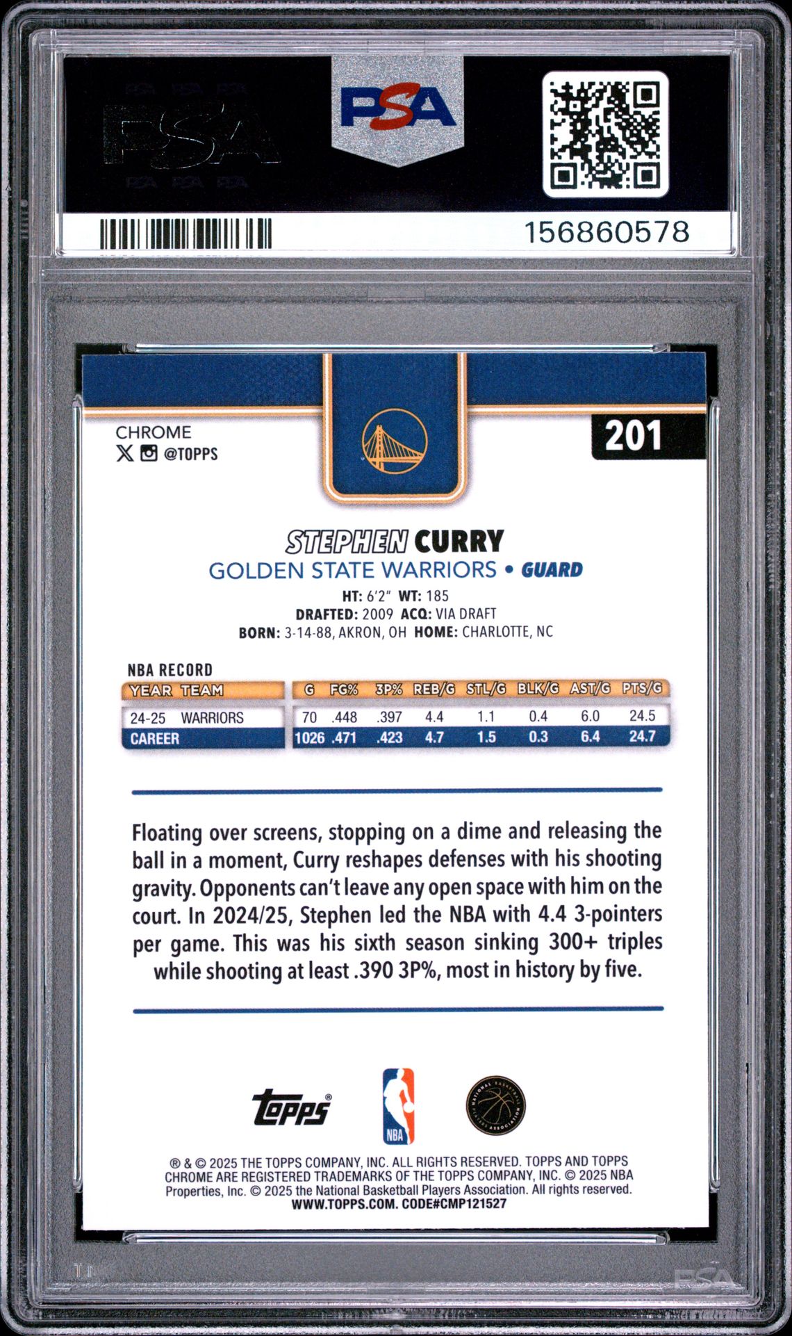 2025 Topps Chrome Stephen Curry #201 (X-Fractor) Gem Mt 10 back