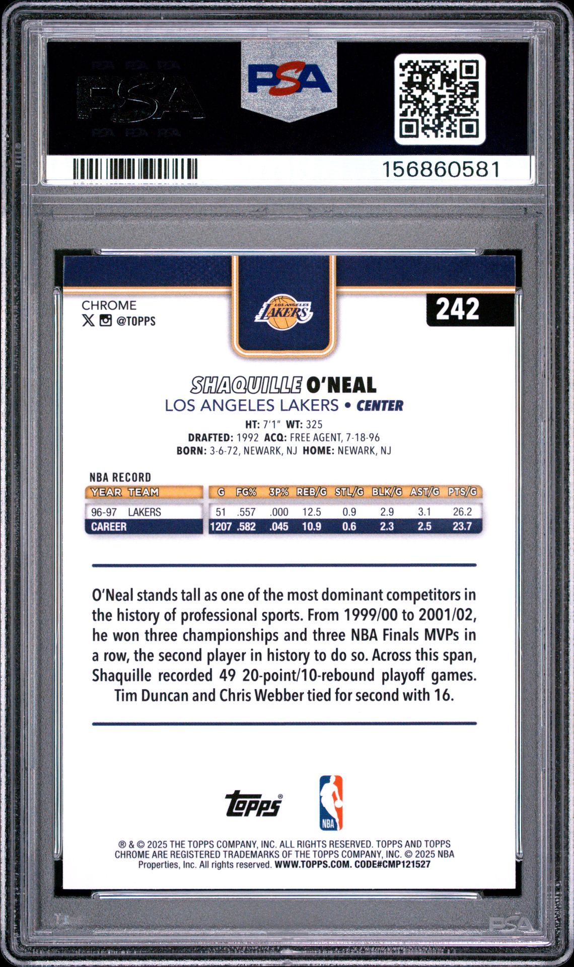 2025 Topps Chrome Shaquille O'neal #242 (Yellow Refractor) Mint 9 back