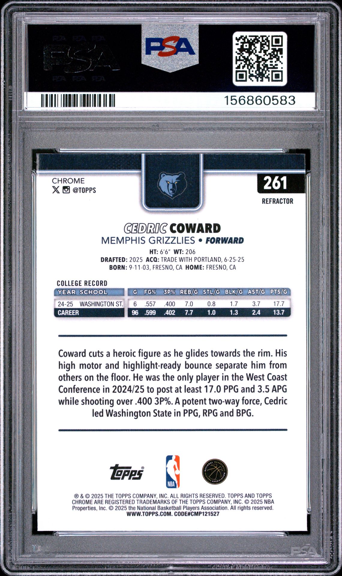 2025 Topps Chrome Cedric Coward #261 (Refractor) Mint 9 back