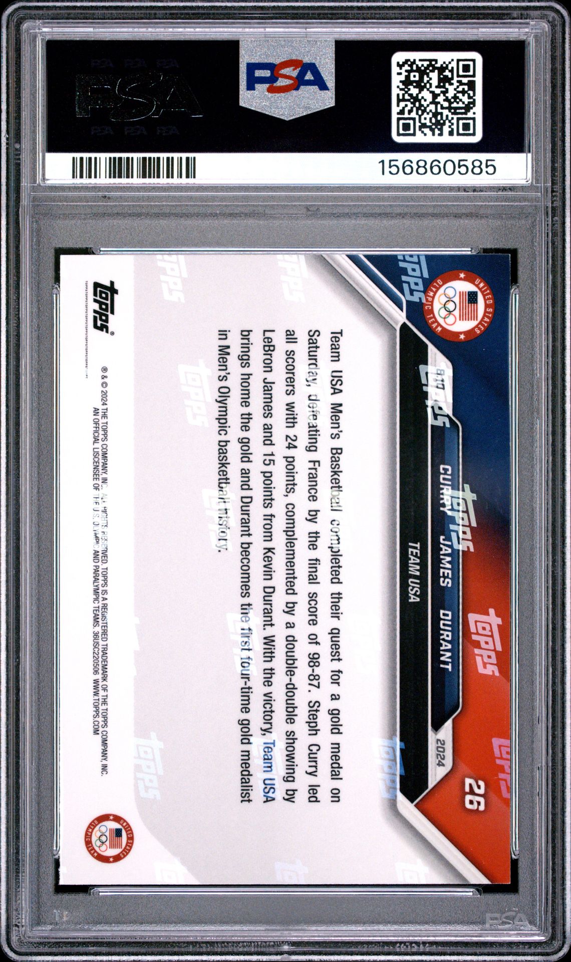 2024 Topps Now Olympic Games Curry/James/Durant #26 Gem Mt 10 back