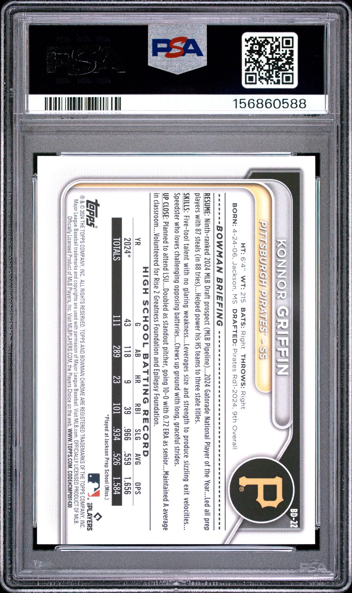2024 Bowman Draft Konnor Griffin #Bd22 Gem Mt 10 back view - PSA certificate #156860588