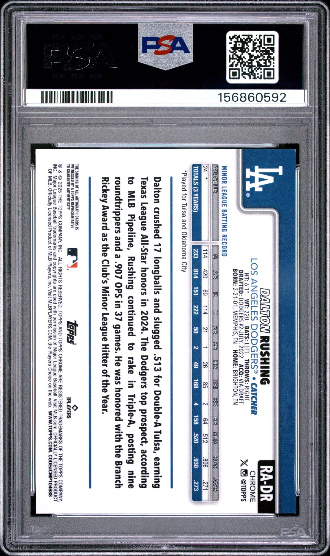 2025 Topps Chrome Update Chrome Update Autographs Dalton Rushing #Dr (Chrome Upd Auto-Purple Ref) Mint 9 back