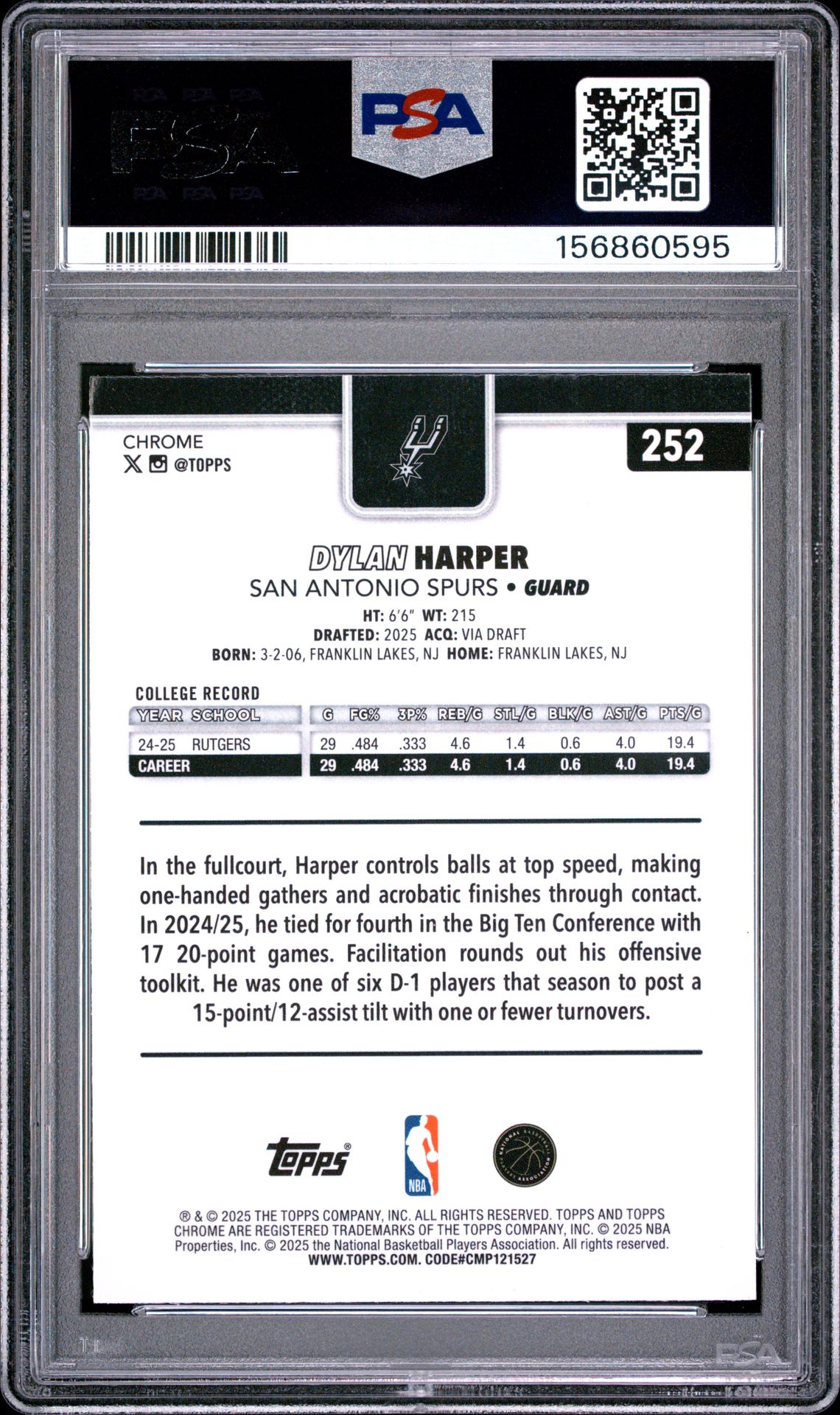 2025 Topps Chrome Dylan Harper #252 (Raywave) Mint 9 back
