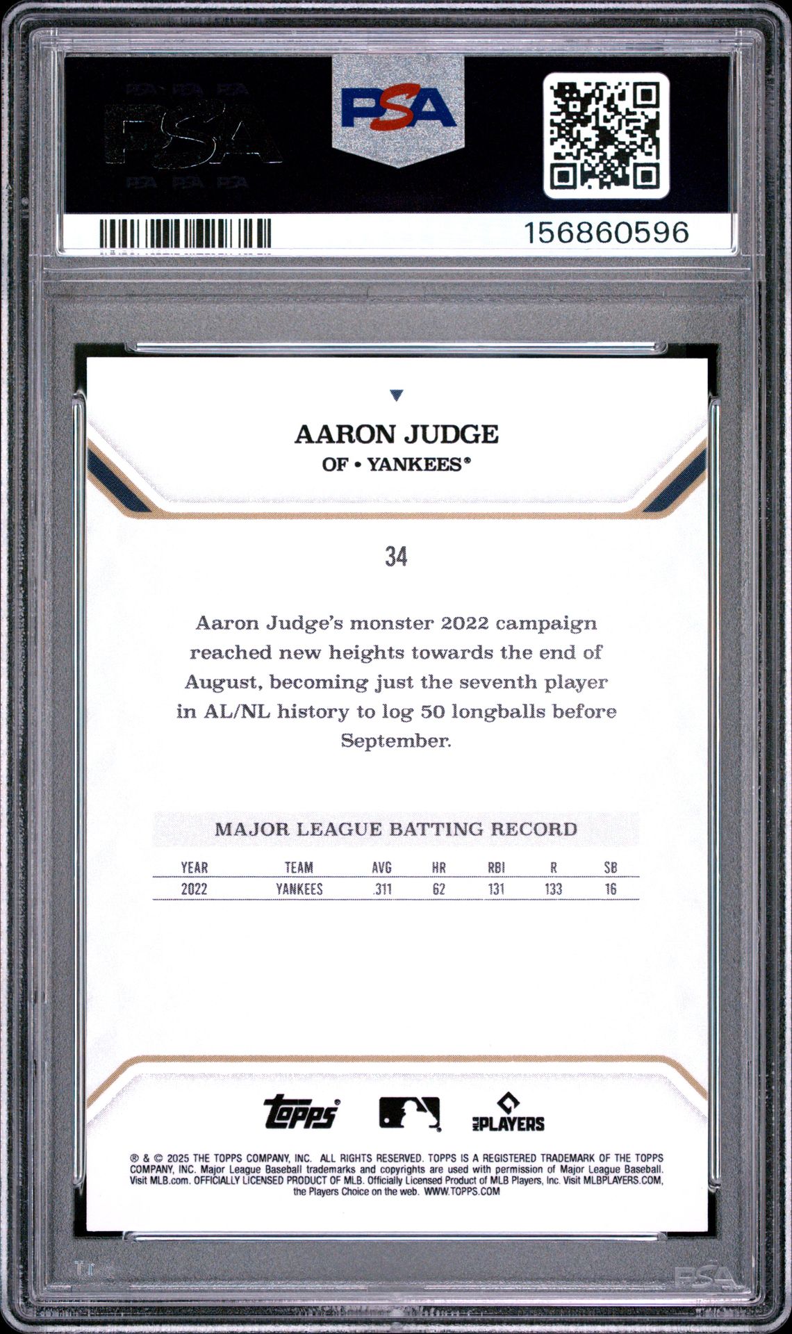 2025 Topps Mlb Mvp Collection Aaron Judge #34 Gem Mt 10 back