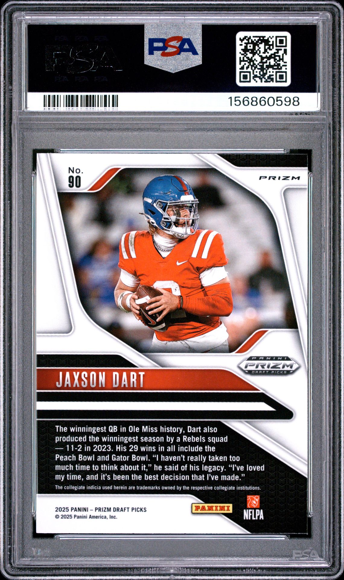 2025 Panini Prizm Draft Picks Jaxson Dart #90 (Gold Ice) Gem Mt 10 back view - PSA certificate #156860598