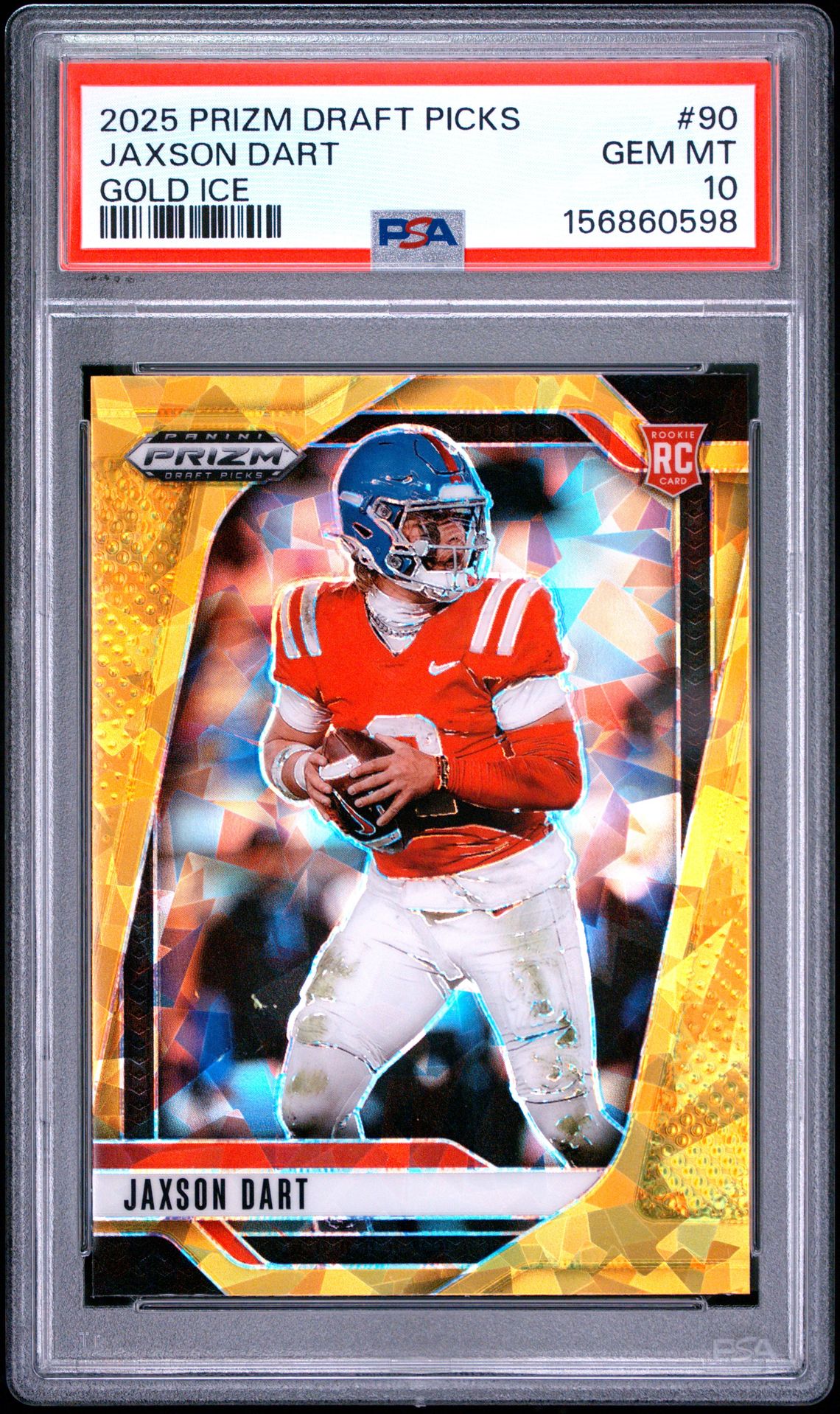 2025 Panini Prizm Draft Picks Jaxson Dart #90 (Gold Ice) Gem Mt 10 front view - PSA graded GEM MT 10