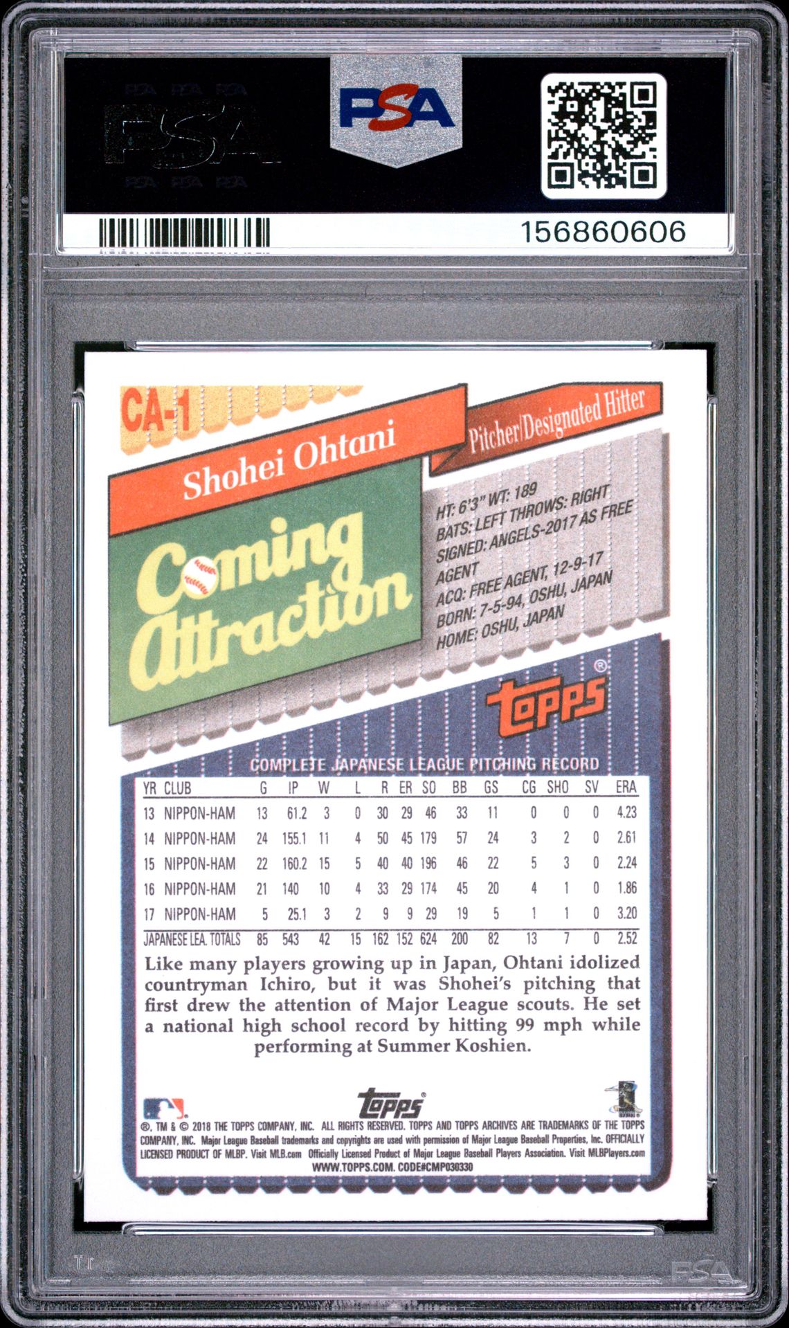 2018 Topps Archives 1993 Coming Attraction Shohei Ohtani #Ca1 (1993 Coming Attraction) Gem Mt 10 back