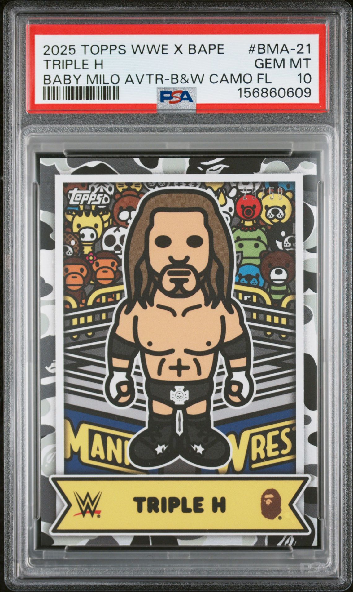 2025 Topps Wwe X Bape Baby Milo Avatar Triple H #Bma-21 (Baby Milo Avtr-B&W Camo Fl) Gem Mt 10 front view - PSA graded GEM MT 10