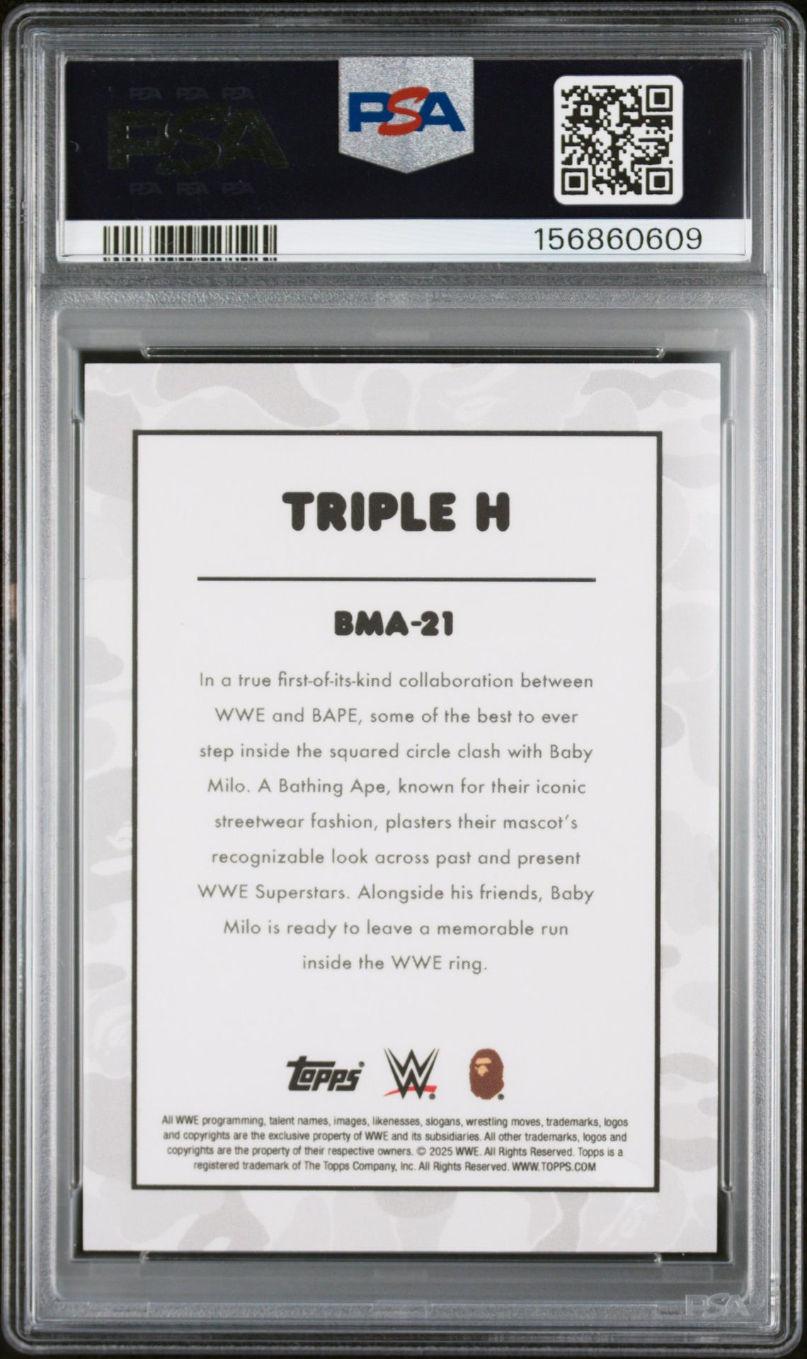 2025 Topps Wwe X Bape Baby Milo Avatar Triple H #Bma-21 (Baby Milo Avtr-B&W Camo Fl) Gem Mt 10 back view - PSA certificate #156860609