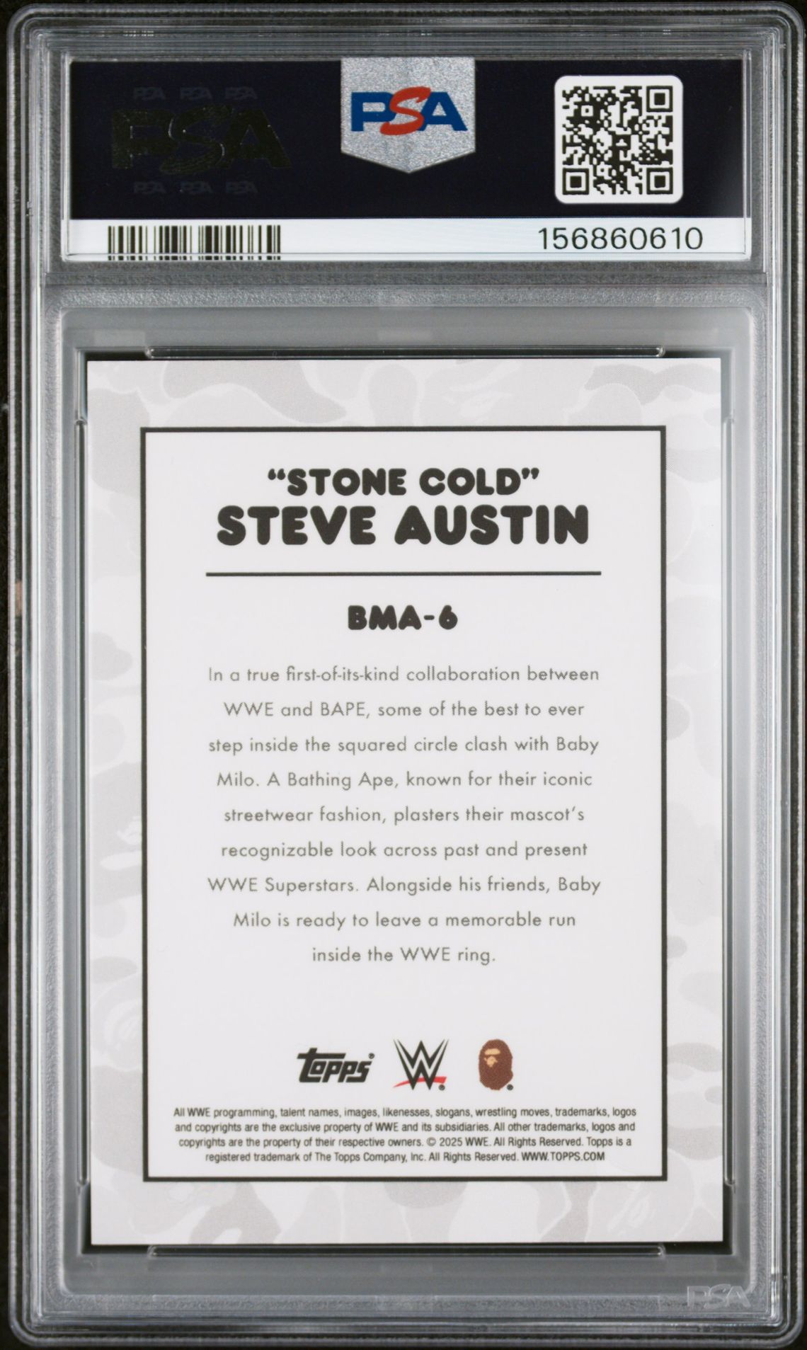 2025 Topps Wwe X Bape Baby Milo Avatar Steve Austin #Bma-6 (Baby Milo Avtr-B&W Camo Fl) Gem Mt 10 back view - PSA certificate #156860610
