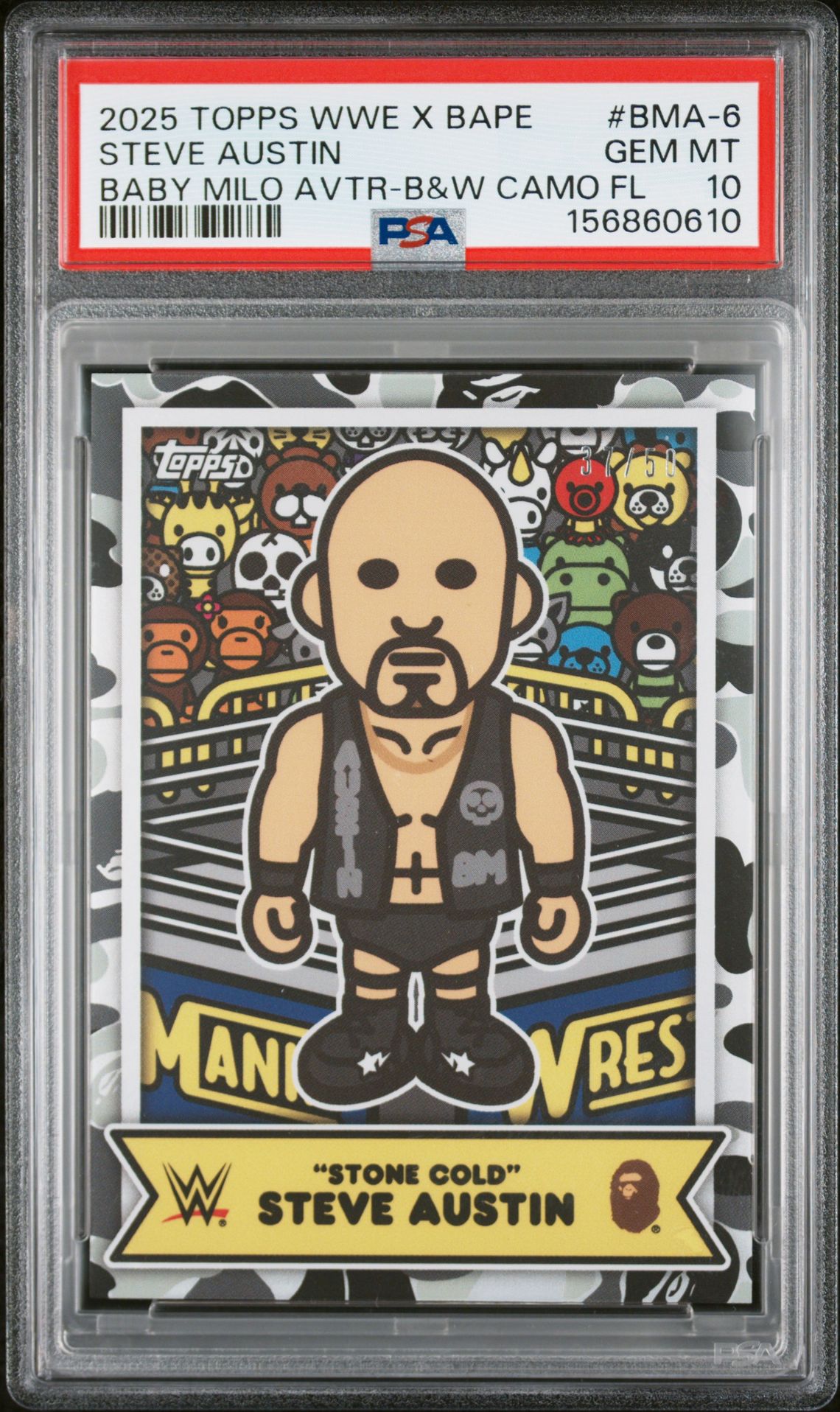 2025 Topps Wwe X Bape Baby Milo Avatar Steve Austin #Bma-6 (Baby Milo Avtr-B&W Camo Fl) Gem Mt 10 front view - PSA graded GEM MT 10