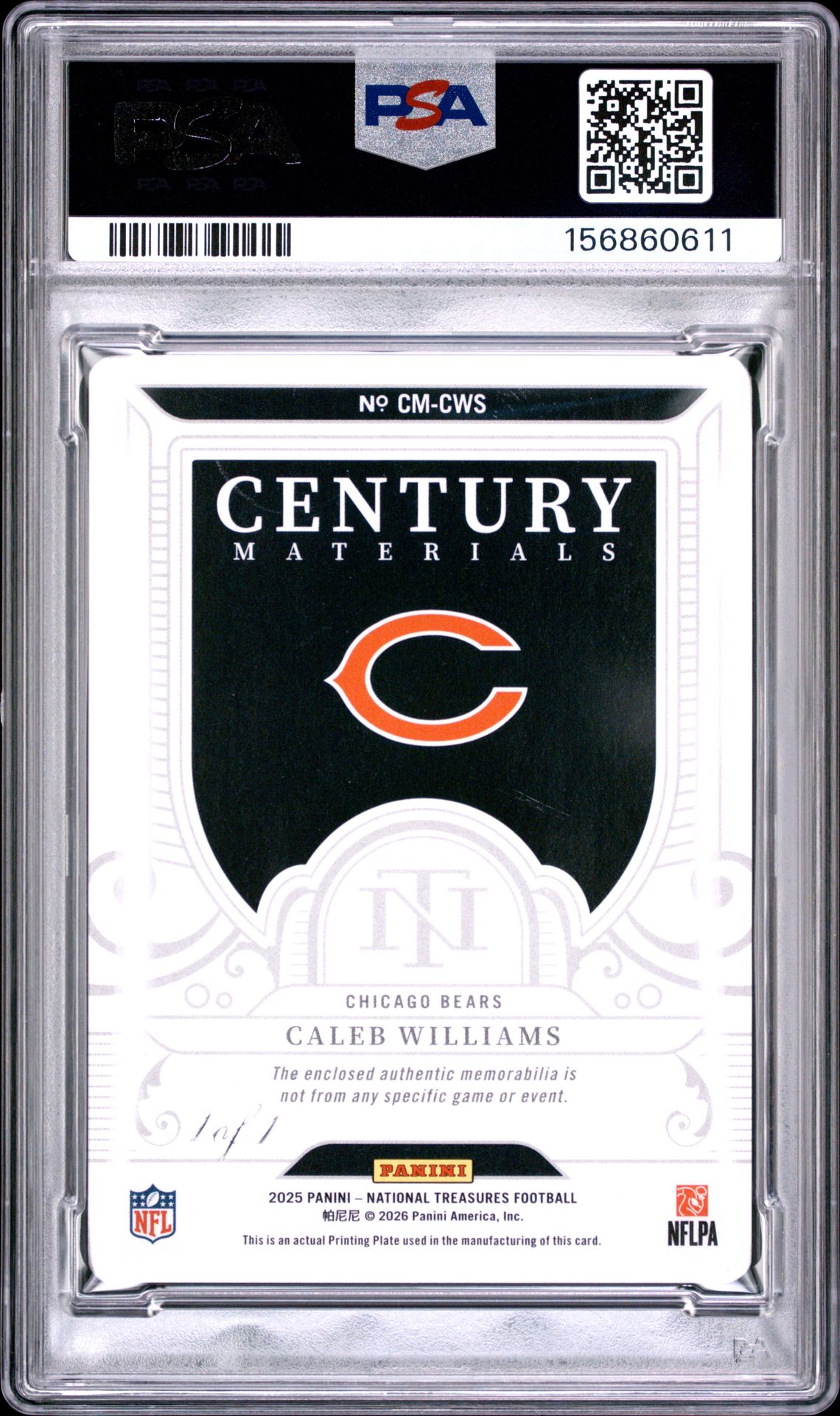2025 Panini National Treasures Century Materials Caleb Williams #Cws (Century Mat-Black Plate 1/1) Ex-Mt 6 back